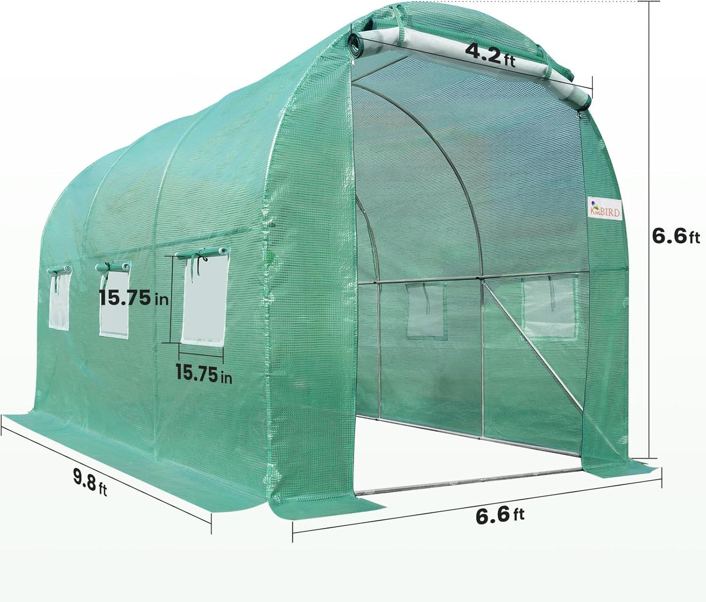 KING BIRD Premium 10x6.6x6.6FT Greenhouse for Outdoors, Large Walk-in Heavy Duty Galvanized Steel Frame, Mesh Door Screen Window Upgraded Zipper Tunnel Hoop for Garden Plant Winter, Green