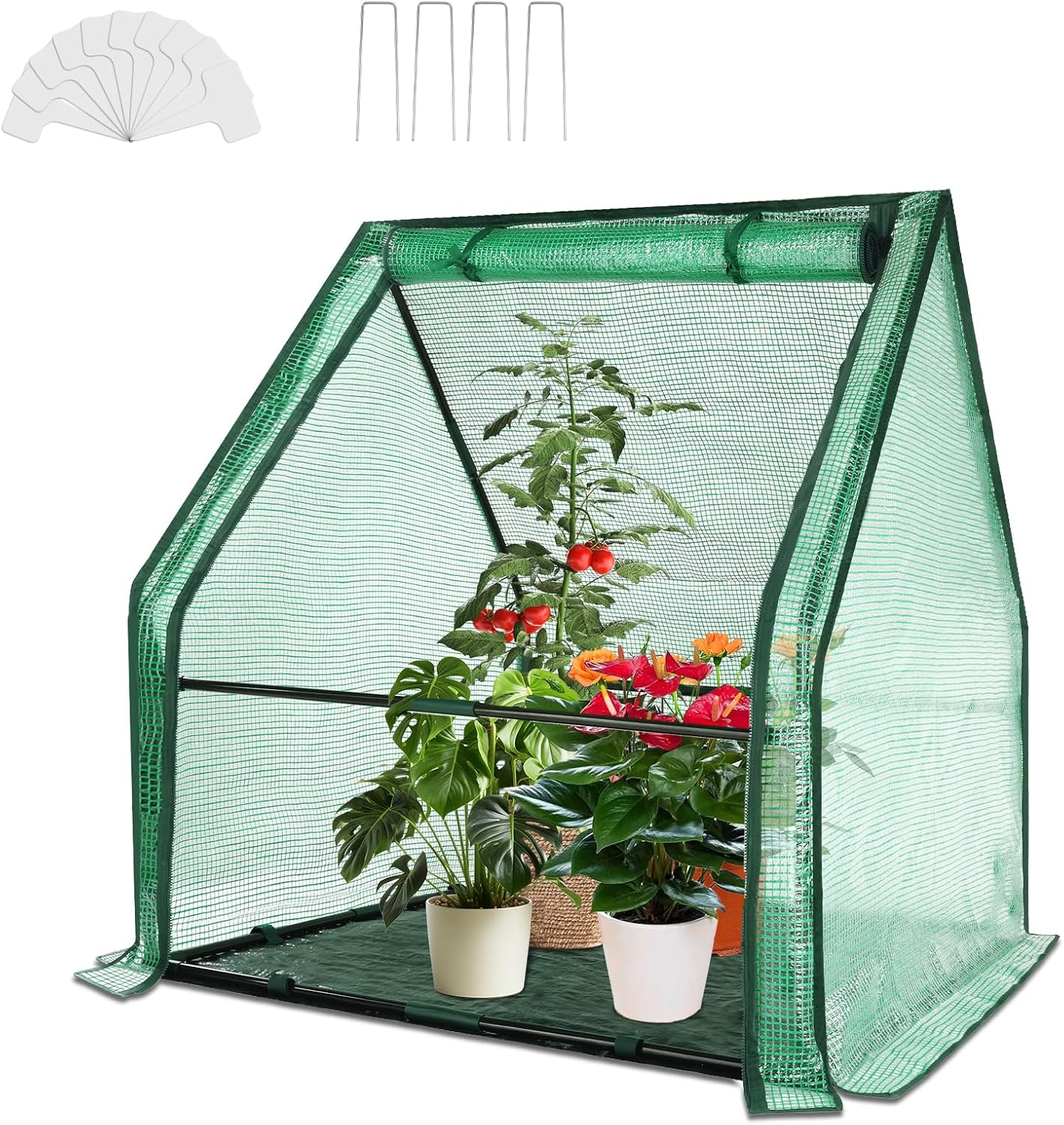 Ileading Small Greenhouse for Outdoor Indoor Portable Mini Garden Green House with Waterproof Pad, 4 Ground Stakes, 10 T-Shaped Plant Tags, Durable PE Plant Cover Tent, 36x36x42 Inch