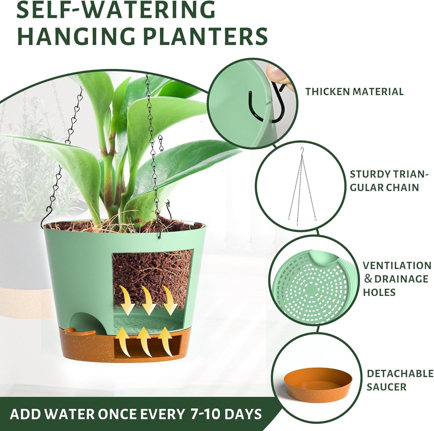 Hanging Planters for Indoor Outdoor Plants, 2 Pack Self Watering Hanging Pot with Drainage Holes and Plant Hangers, Hanging Baskets Flower Pots for Home Garden Decor (Green, 8 inch)