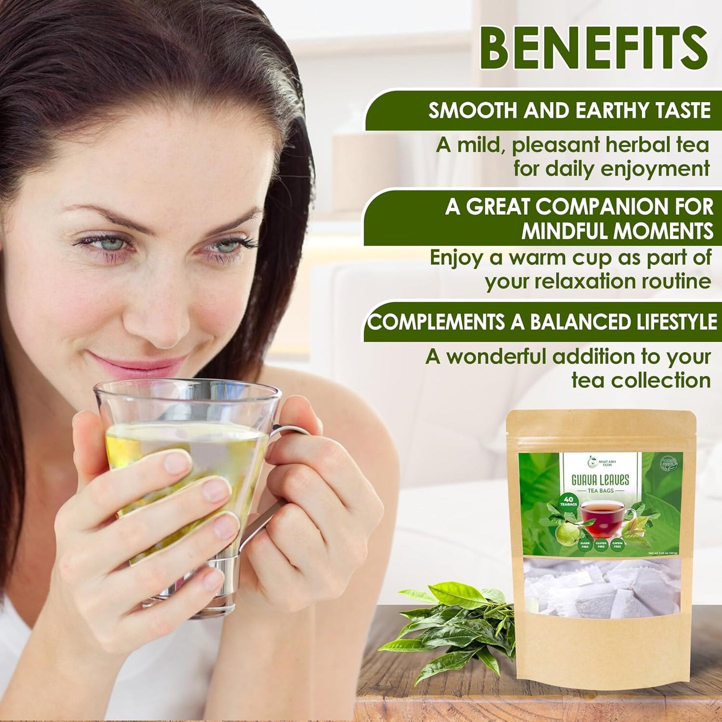 NHAT ANH FARM - Premium Guava Tea Bags - Dried Guava Leaves 40 Tea Bags, 2.5g/bag) - 100% Natural And Pure, Sugar/Caffeine/Gluten Free. Good For Your Health