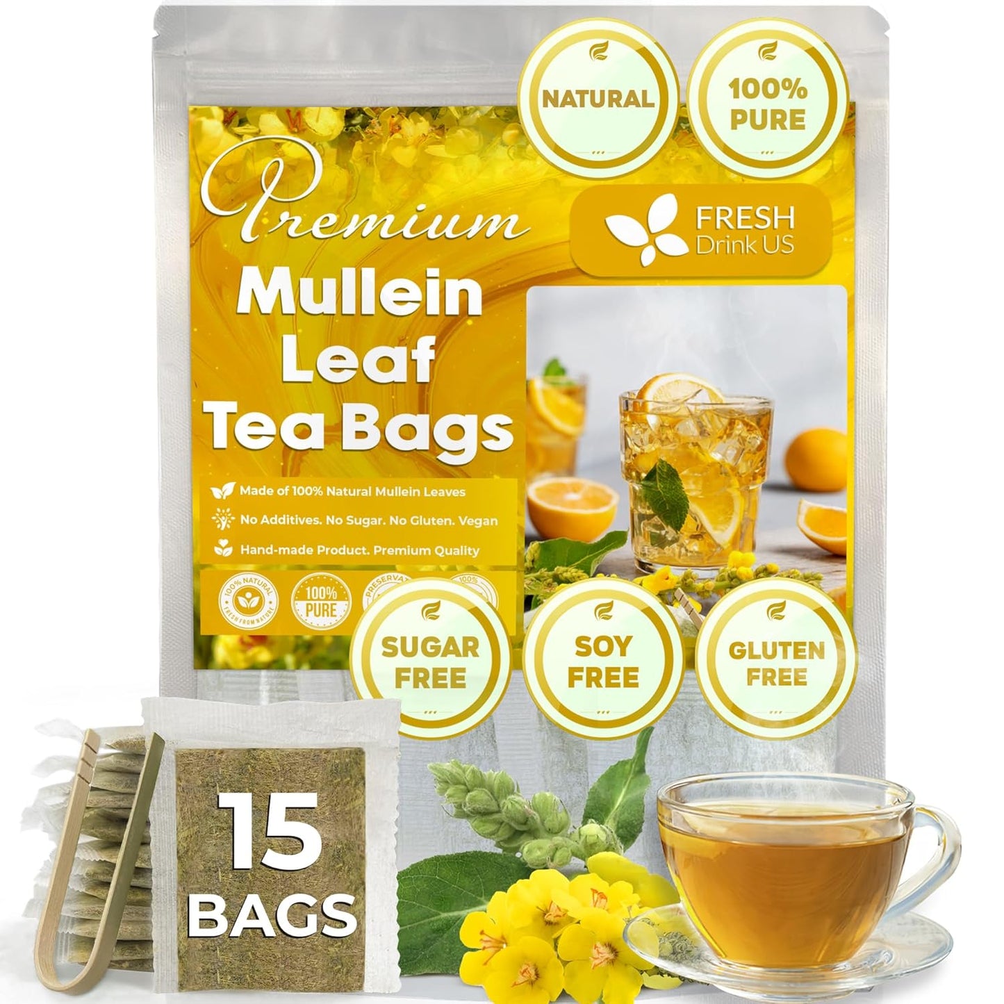 FreshDrinkUS, Premium 15 Mullein Leaf Tea Bags For Lung, 100% Natural & Pure from Mullein Leaves. Loose Leaf Mullein Herbal Tea. Made with Natural Material Tea Bags. No Sugar, No Caffeine, No Gluten, Vegan.