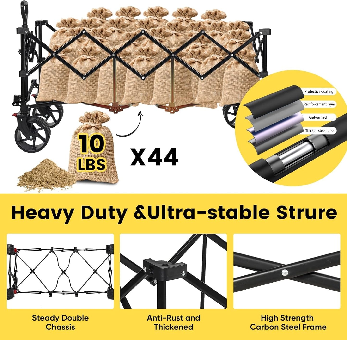 Sekey 48''L Collapsible Foldable Extended Wagon with 440lbs Weight Capacity, Heavy Duty 300L Folding Utility Garden Cart with Big All-Terrain Beach Wheels & Drink Holders. Grey