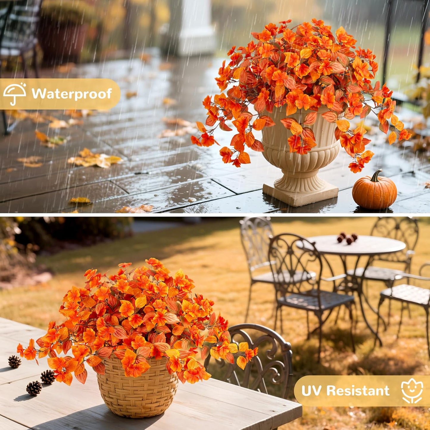 Fake Fall Flowers Artificial for Decoration 2PCS Faux Silk Fall Flowers Plants for Outdoors Outside Planters UV Resistant Looks Real for Front Door Porch Patio Garden Decor