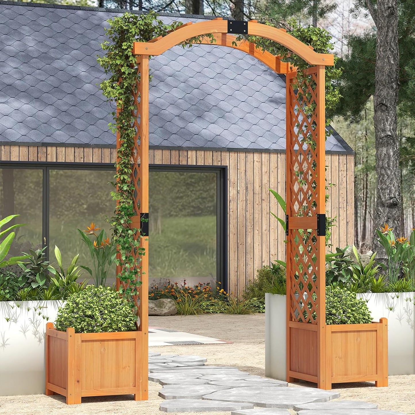 Giantex Garden Arbor with Planter Boxes, Wooden Arch with Trellis and Raised Garden Bed for Climbing Vine Plants Vegetables Herbs, Decorative Arbor Archway for Wedding, Ceremony, Party (Orange)
