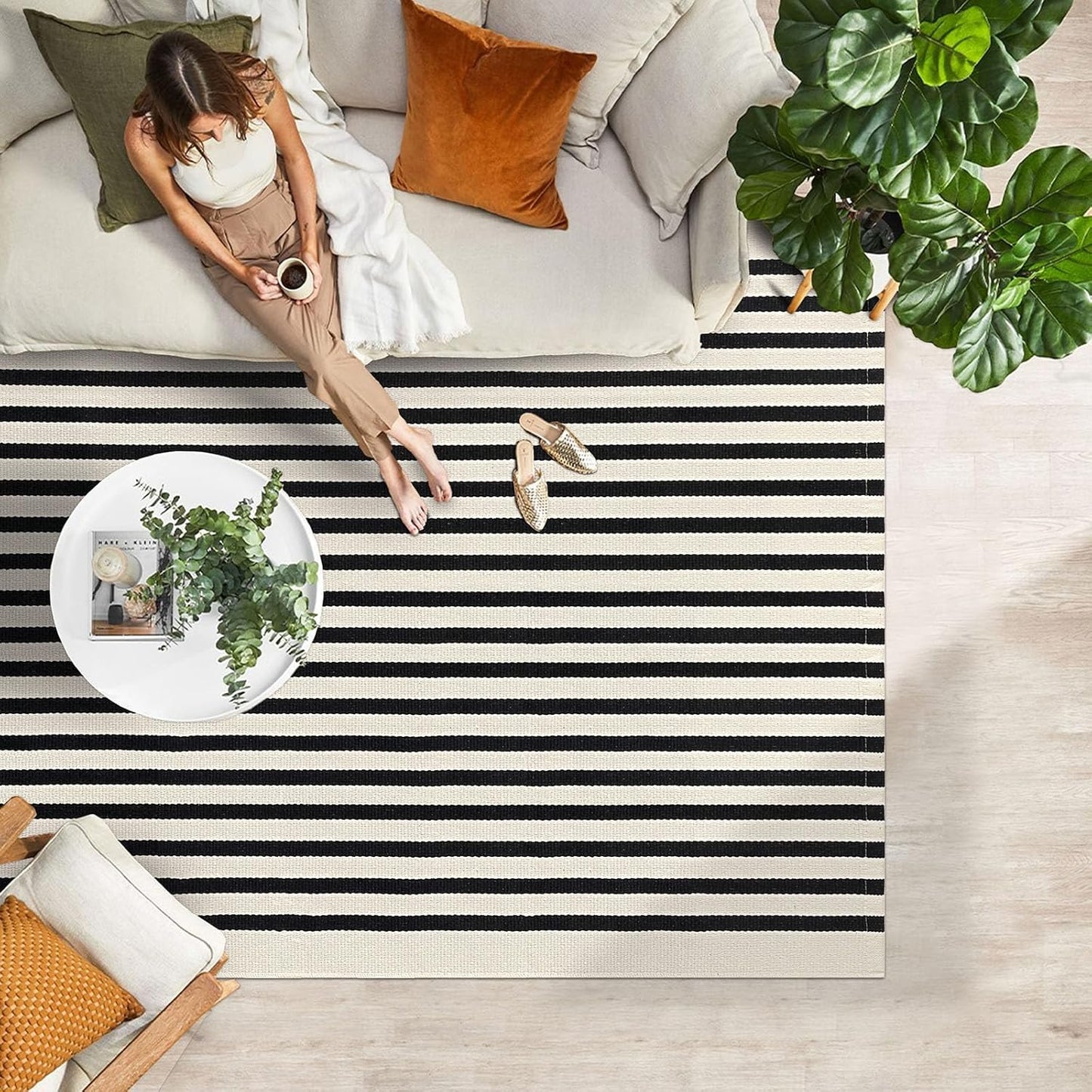 IOHOUZE Black Beige Striped Rug -4'x6' Front Door Rugs Outdoor, Washable Area Rug for Double Front Porch, Large Patio Rug Outdoor Indoor, Doormat for Entryway Porch Entrance