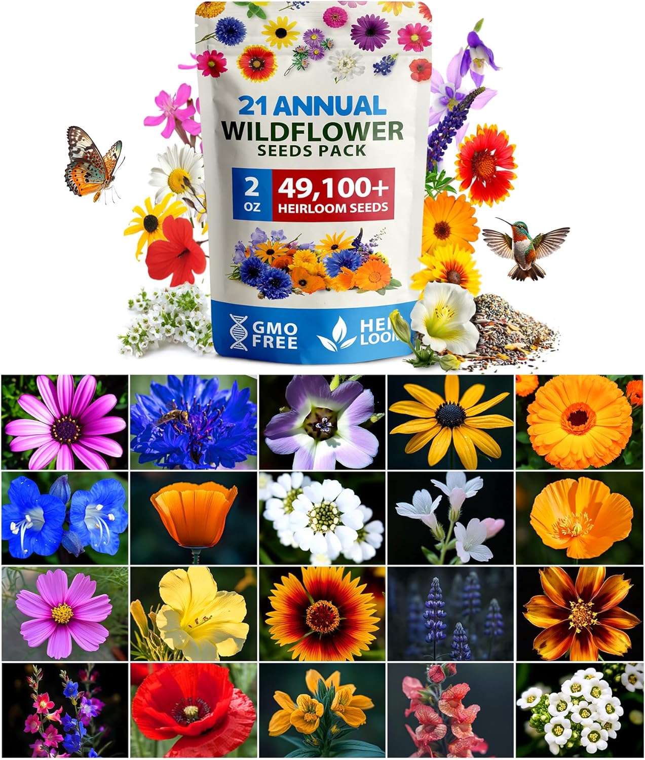 HOME GROWN 𝗨𝗦𝗔 𝗣𝗥𝗘𝗠𝗜𝗨𝗠 Wildflower Seeds Mix - 49,100+ (2oz) Bulk Mix, 21 Varieties Wild Flower - Bee and Butterfly Garden Pack - Native Annual Flowers for Planting for Your Garden
