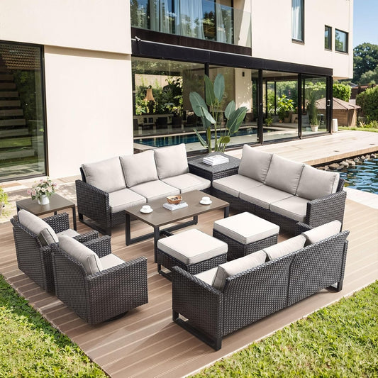 HUMMUH Patio Furniture Set 10 Piece PE Wicker Outdoor Sectional Sofa Set with Patio Swivel Chairs Dinning Table Ottomans for Porch,Garden,Backyard,Deck(Brown/Beige)