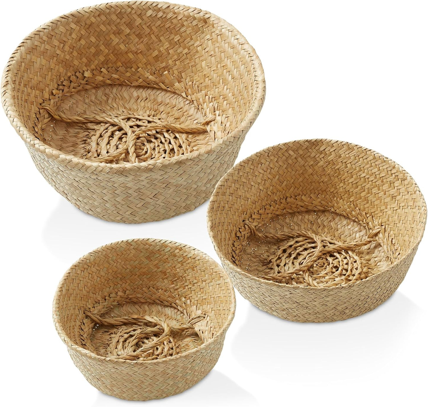 Casafield (Set of 3) Seagrass Belly Storage Basket Planters - Small, Medium, Large, Natural Woven Wicker Indoor Plant Pot Covers for Plants and Trees