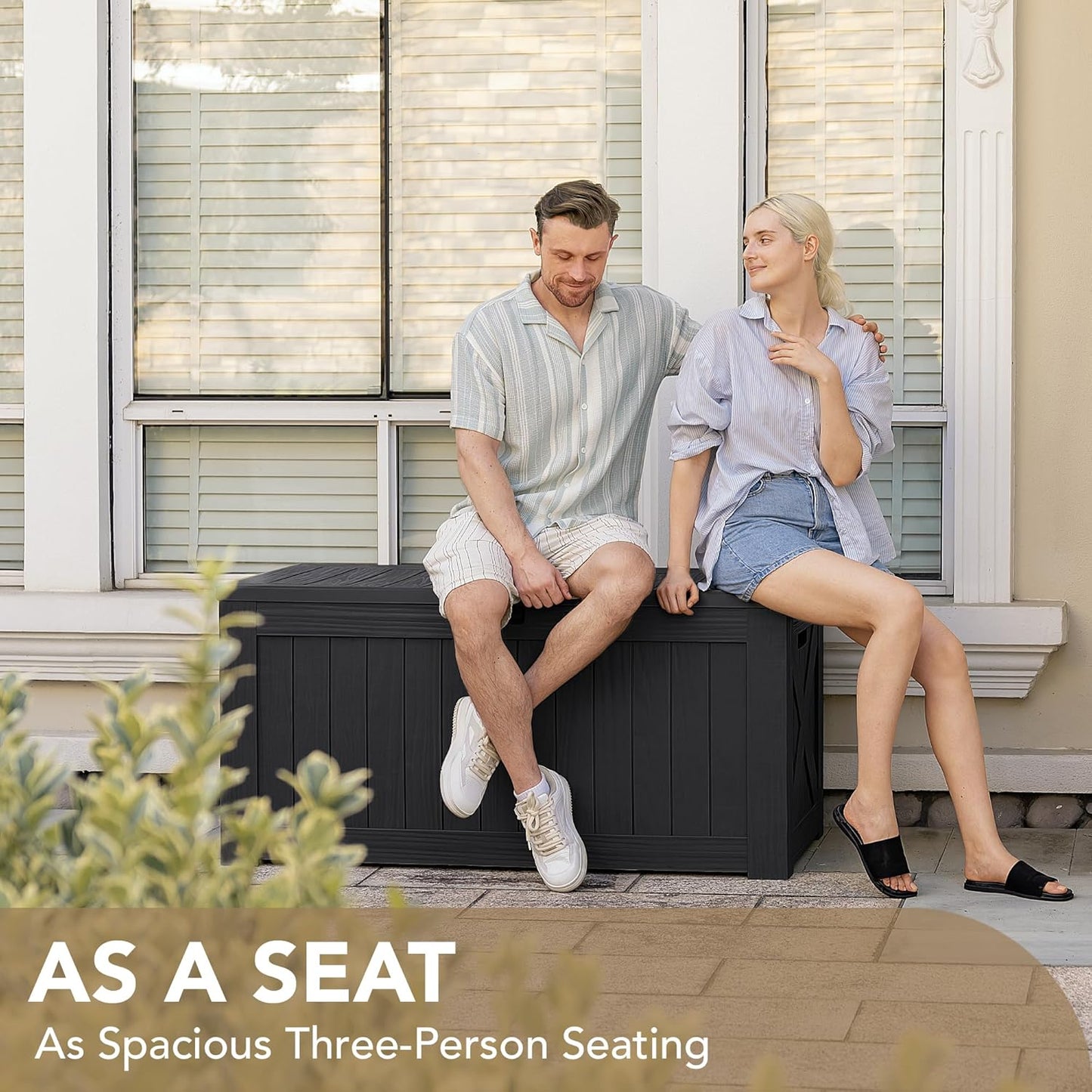 Devoko 120 Gallon Deck Box Resin Outdoor Storage Box Waterproof for Patio, Large Outdoor Storage Bench Lockable for Outside (Black)