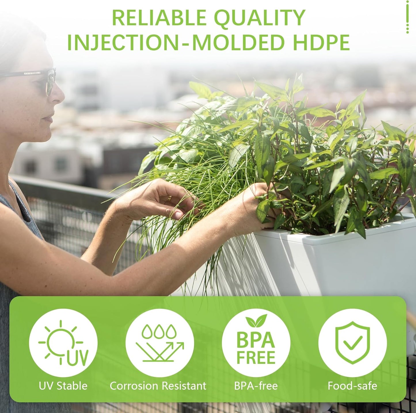 Glowpear Self Watering Railing Planter Box - 23.6", White - UV Stable, Scalable Plant Pot with Water Gauge, Indoor Outdoor for Vegetables, Flowers, Herbs, and Succulents