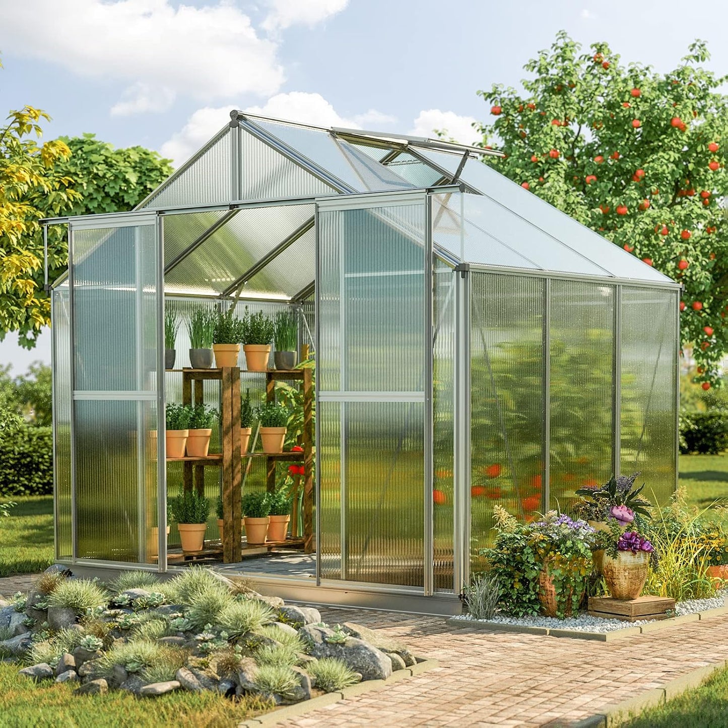 Greenhouse Topas 3 Aluminum Frame 7.4 x 6.4 ft Approx. 6 mm Polycarbonate Panels - with Bonus Base Frame and Automatic Vent Opener