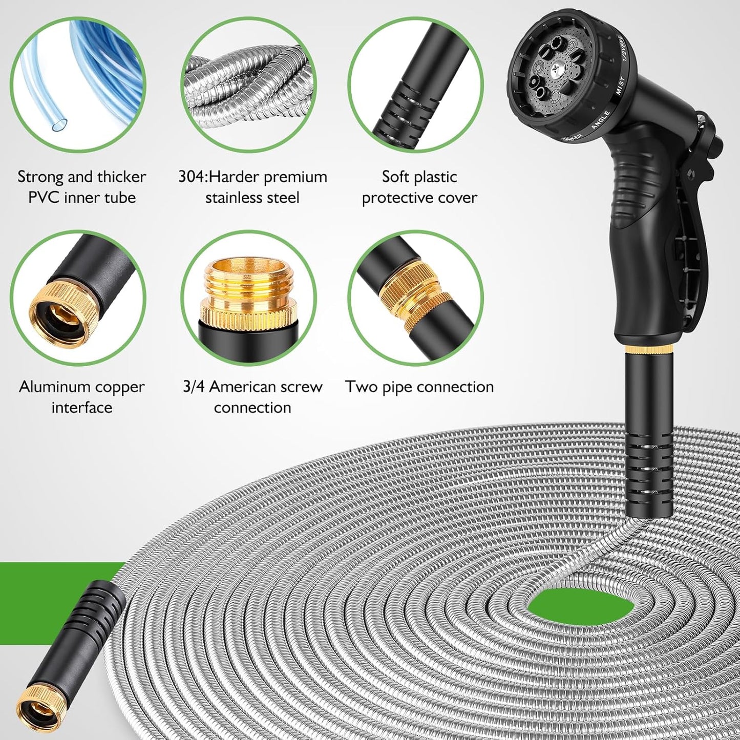 Garden Hose Metal 175FT, Stainless Steel Heavy Duty Water Hose With 10 Function Nozzle, No-Kink, Tough & Flexible, Sturdy and Lightweight, Rust Proof for Yard, Outdoor, RV