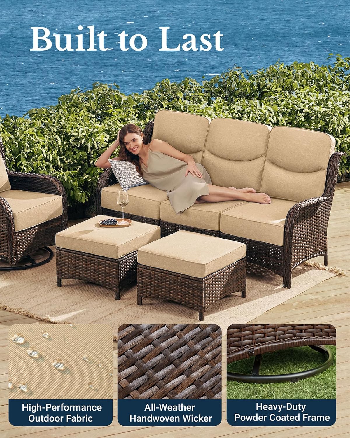 HILLGA Luxury Patio Furniture Set with 6-inch Thick Cushion, Outdoor Couch and High Back Swivel Rocker Patio Chairs, 11PCS Wicker Conversation Set for Deck Yard and Poolside, Beige (V2)
