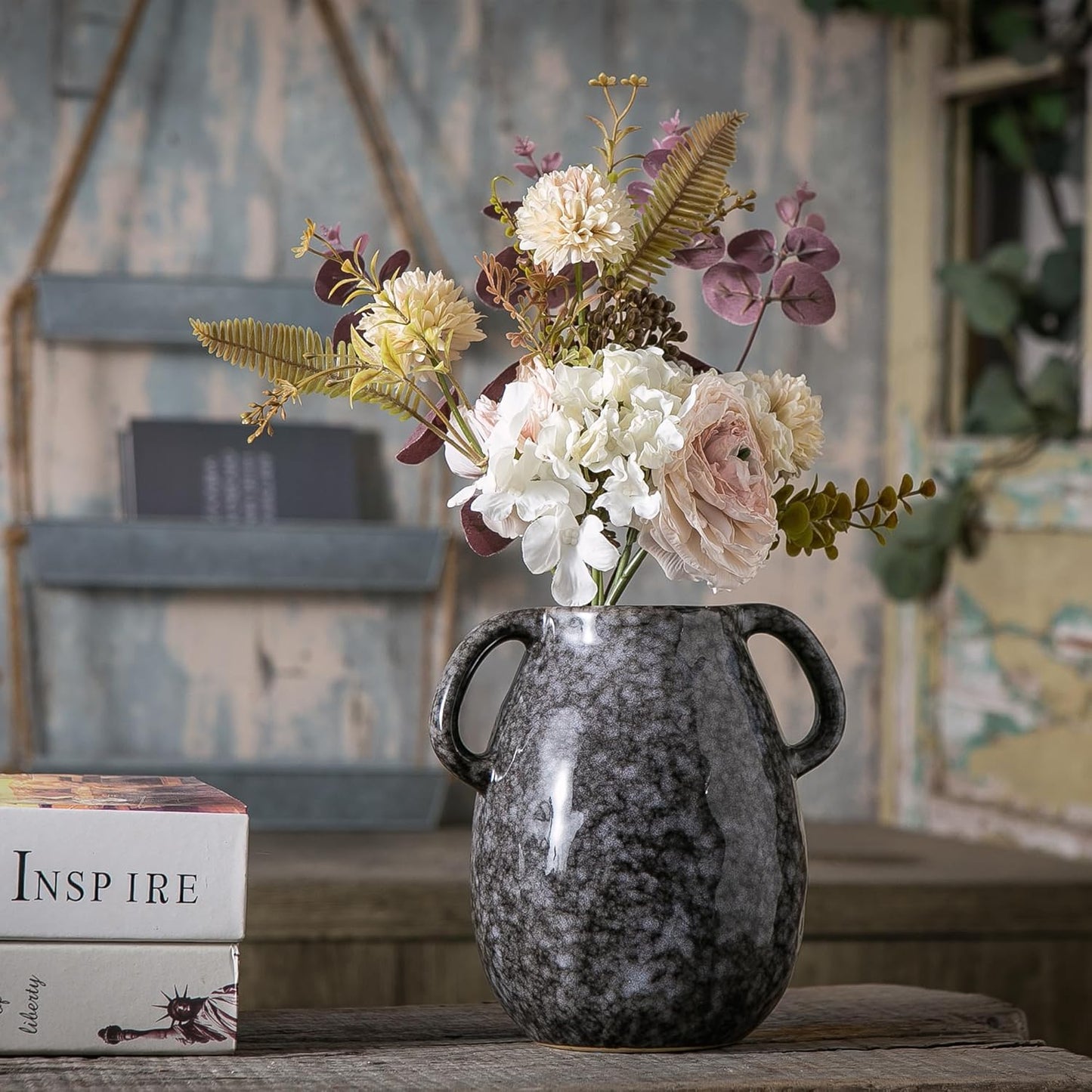 Black Ceramic Vase with 2 Handles, Modern Farmhouse Decor, Rustic Terracotta Pottery, Decorative Flower Vases, Clay Small Vase, Centerpiece for Dining Table - 7 Inch Tall