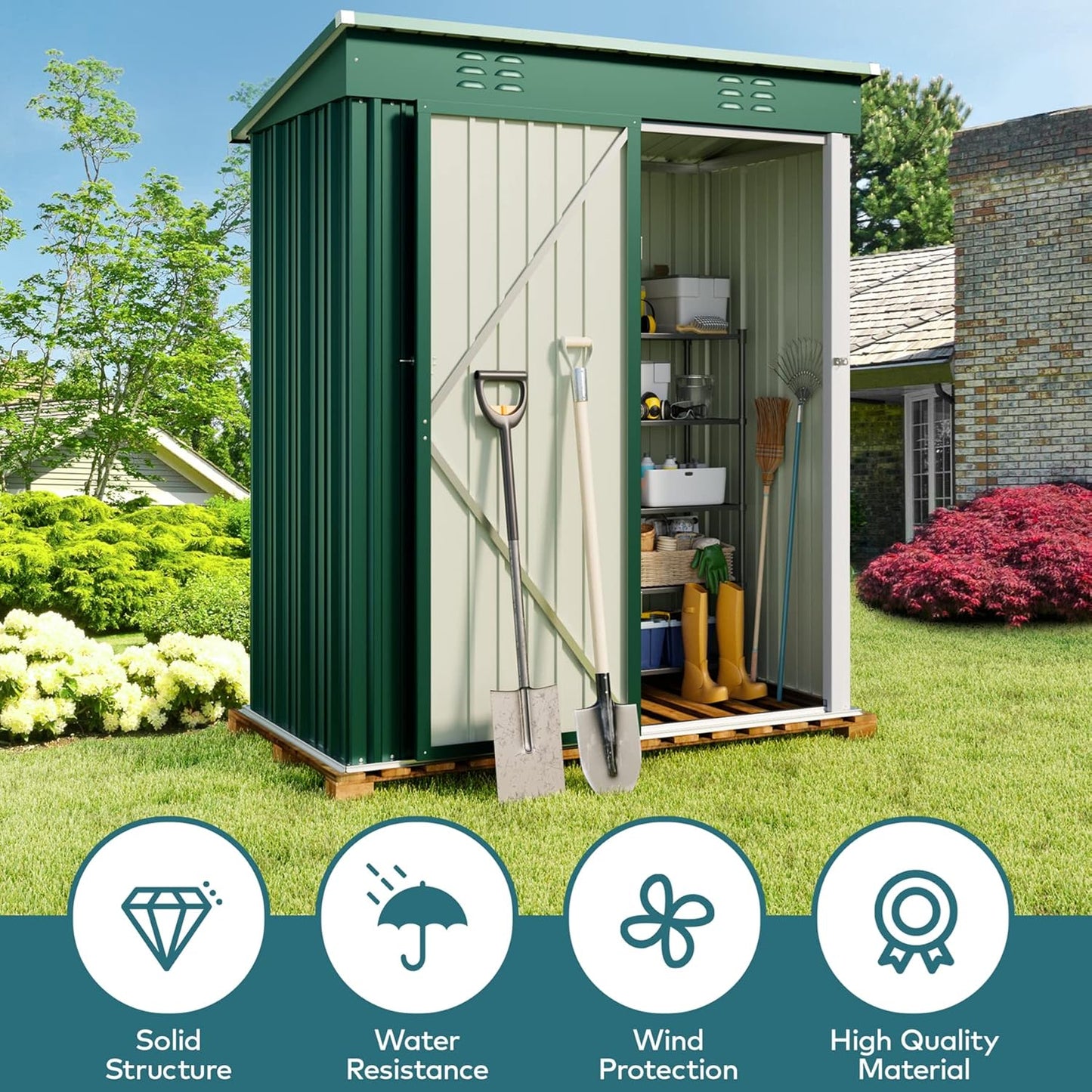 Gizoon 5' x 3'Outdoor Storage Shed with Singe Lockable Door,Galvanized Metal Shed with Air Vent Suitable for The Garden,Tiny House Storage Sheds Outdoor for Backyard Patio Lawn-Green
