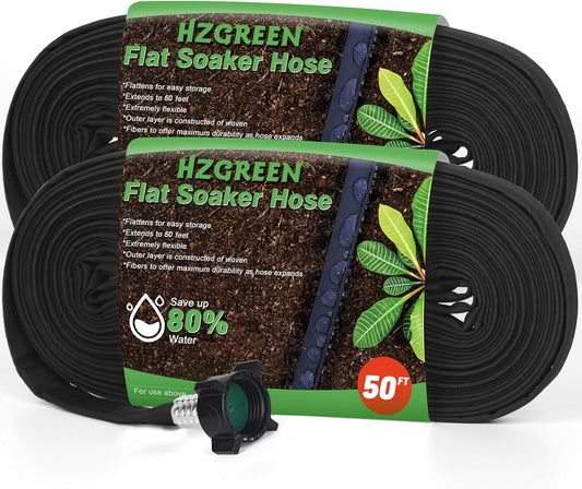 Flat Soaker Hose 50FT x 2 PACK,Drip Hose for Garden Beds Linkable Irrigation System Lightweight and Easy Watering for Tree Plant and Save 80% Water for You (100FT)