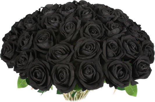 30 PCS Fake Black Roses, Artificial Flowers Bulk Halloween Decorations Realistic Silk Faux Roses with Stems for Gothic Wedding Party Decor, Bridal Bouquets DIY Floral Arrangement Home Decor