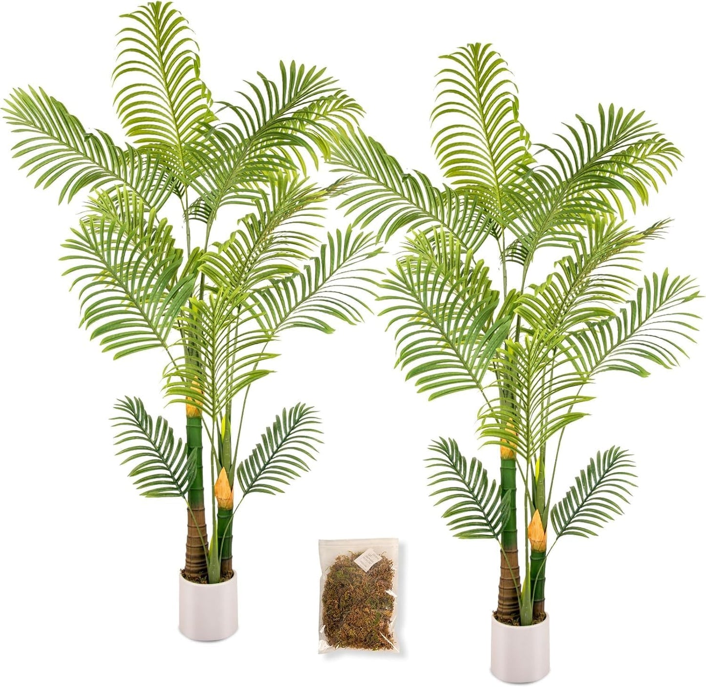 Artificial Fake Palm Tree 6FT 2Pack with White Planter & Free Moss, UV Resistant Artificial Palm Tree for Outdoors, Fake Plants for Poolside Home Room Decor, Faux Plants Outdoor Decor
