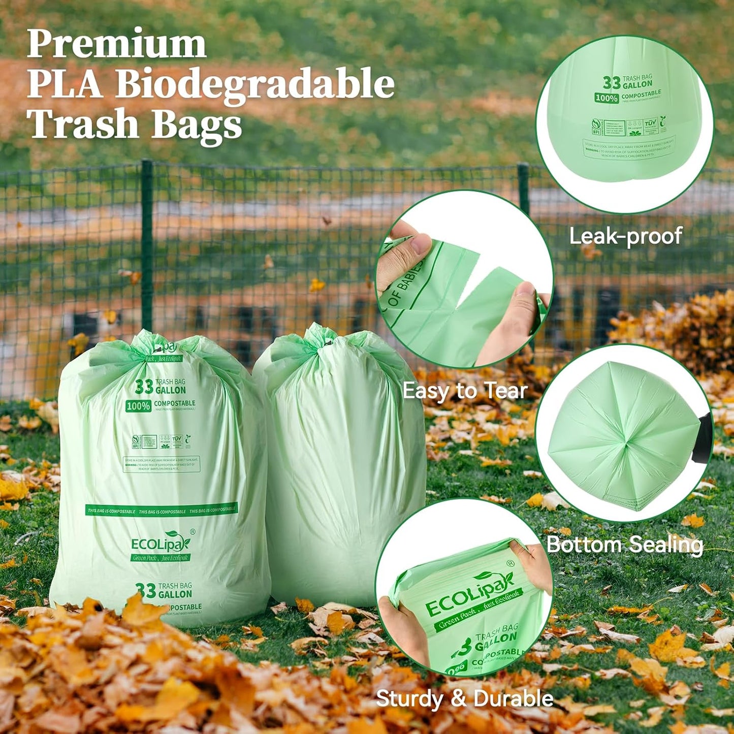 ECOLipak 33 Gallon Compostable Trash Garbage Bags, 50 Count (2 Rolls) Biodegradable Heavy Duty Large Outdoor Trash Bags for Lawn/Yard, US BPI ASTM D6400 and OK Compost Home Certified