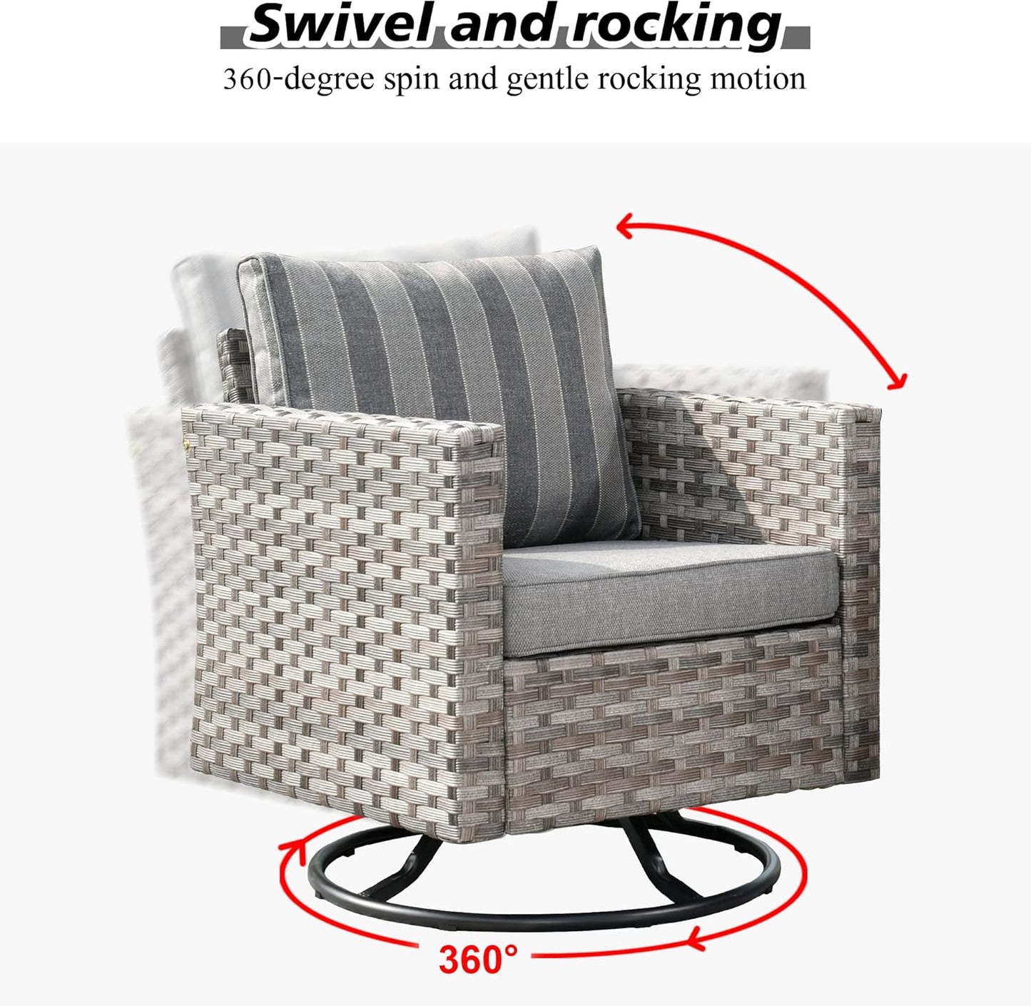 HOOOWOOO 10 Piece Modular Patio Outdoor Sectional Furniture Set with Gas Propane Fire Pit Table,Wicker Conversation Sofa Set with Swivel Chairs,Outside Couch Set(Grey Stripes)