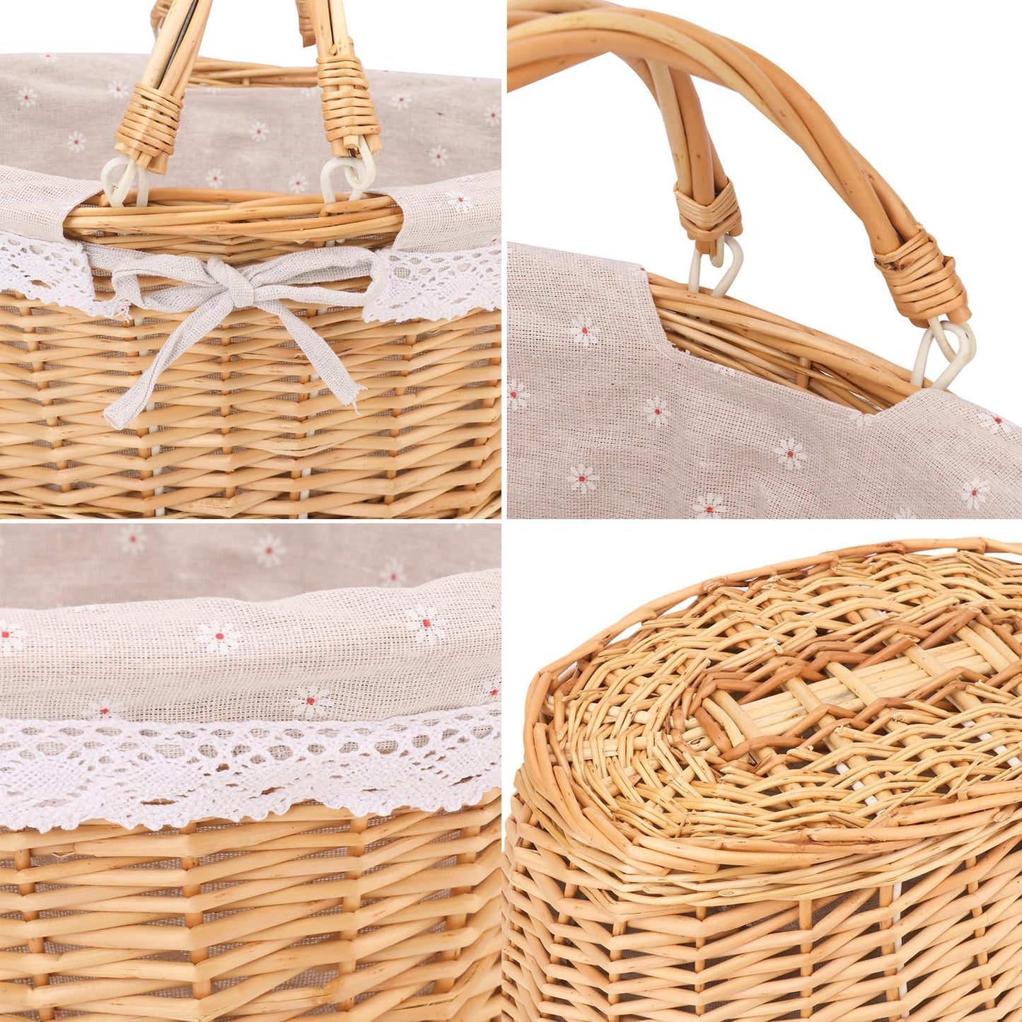 Natural Wicker Basket with Linen Lining, Woven Picnic Basket with Handle, Large Picnic Basket, Stylish Hand-Woven Favors Storage Basket for Picnic, Camping, Outdoor Party