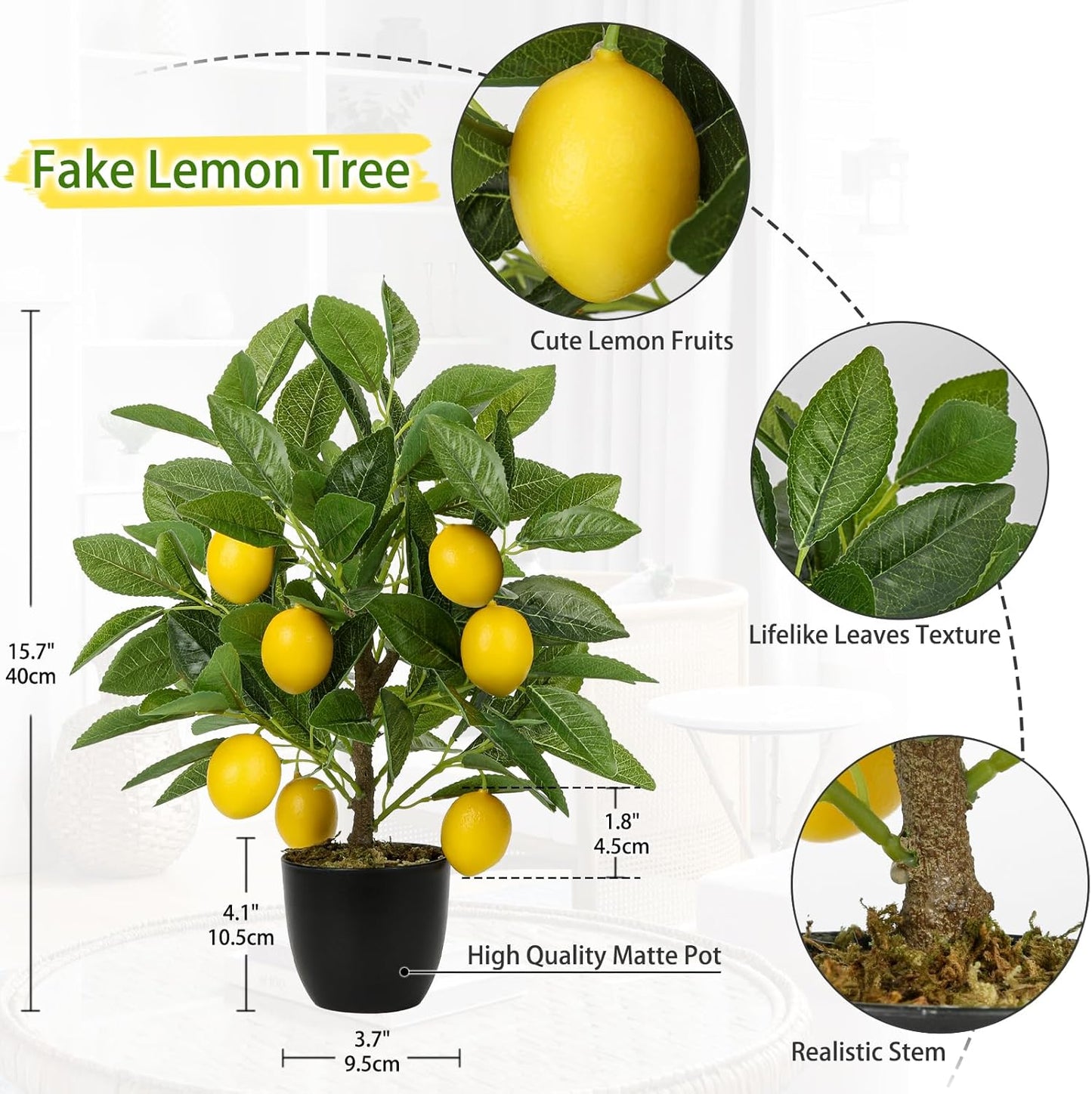 Artificial Potted Plants 15.7 inches Fake Lemon Tree Artificial Lemons Citrus Tree with Black Pot Faux Plants Indoor for Home,Office, Living Room Table, Desk