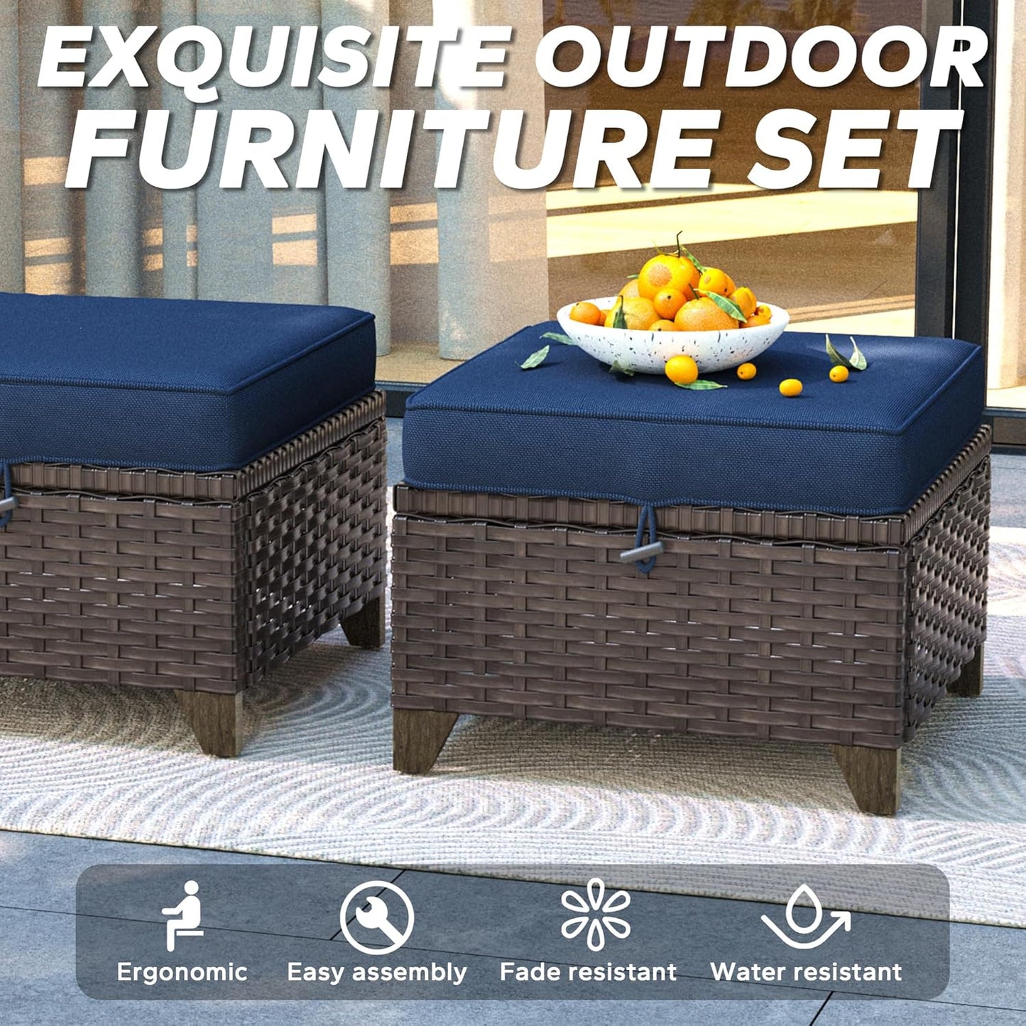 2 Pieces Patio All-Weather Wicker Ottomans with Cushions, PE Rattan Outdoor Conversation Furniture Set for Backyard, Deck, Lawn (Navy Blue)