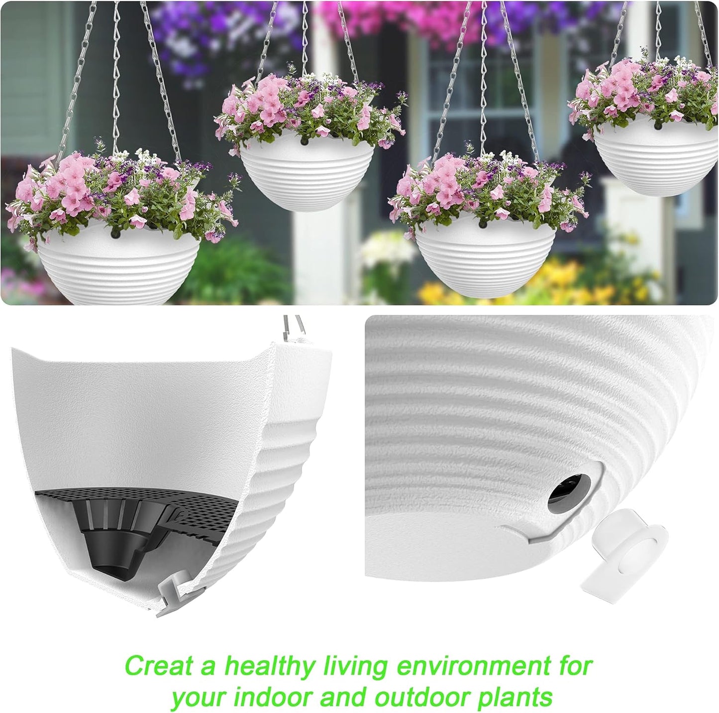 Hanging Planters, Set of 9 White Hanging Pots, 8" Hanging Flower Pots, Plant Pots with Drainage Plugs, Water Barrier and Chains, Come with Free Mini Garden Tools Set