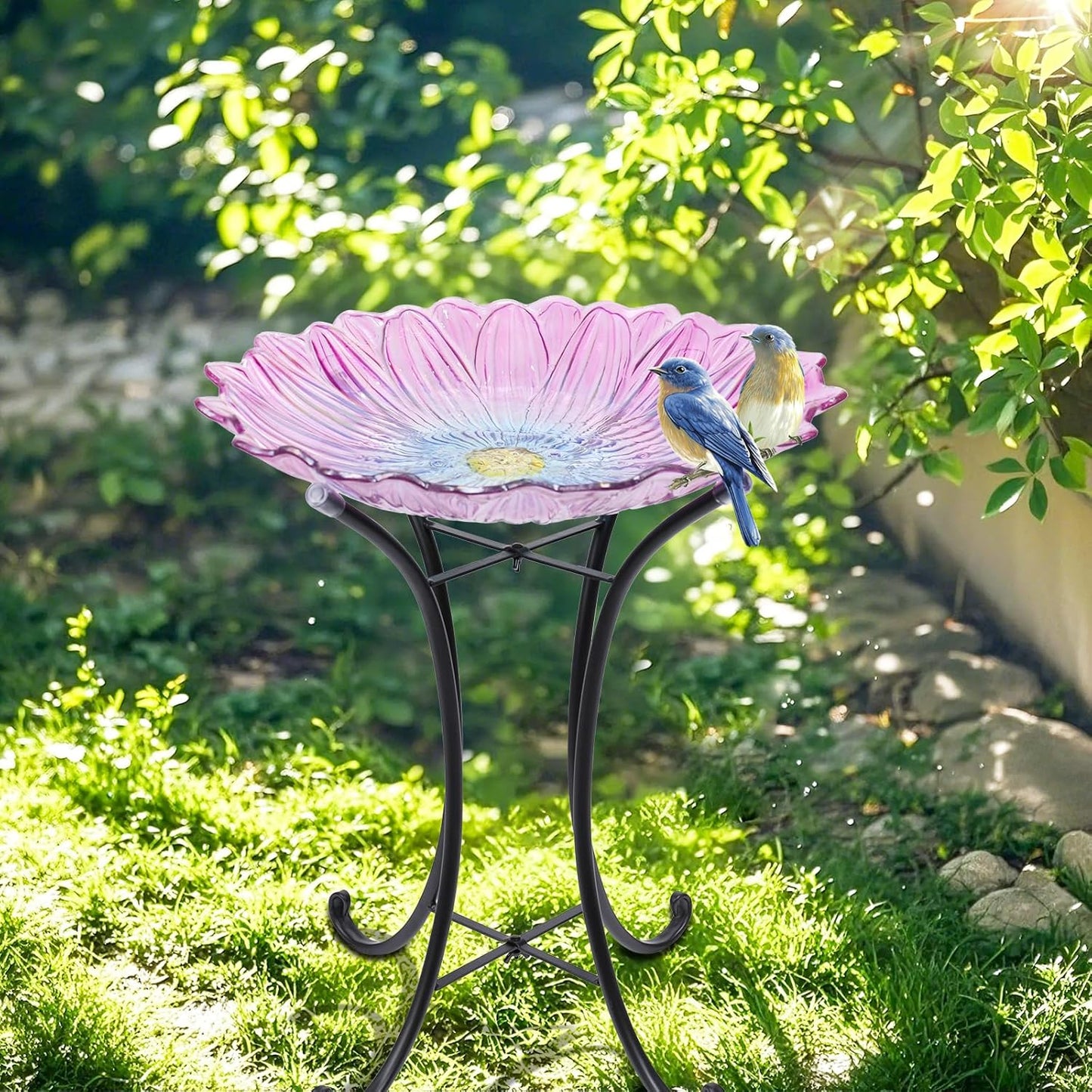 MUMTOP Outdoor Glass Birdbath with Metal Stand for Outside Yard Garden Decor, 18 inch Diameter Pink Bird Baths Bowl for Outdoors, 21 inch Height