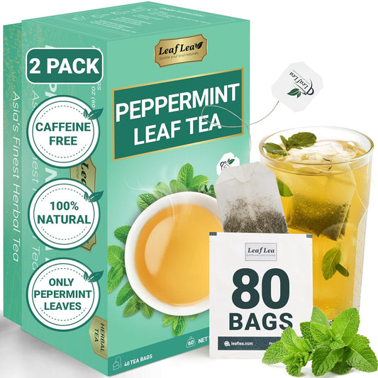LeafLea 80 Premium Peppermint Tea Bags, 100% Natural Peppermint Leaf Tea, Te de Menta for Soothing Throat & Refreshing Breath, Light and Smooth Flavor, Caffeine-Free, Sugar-Free, Individually Wrapped