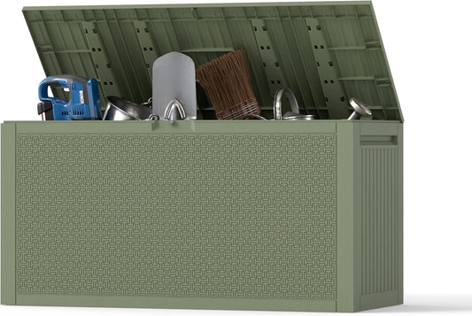 Outdoor Storage Box, 90 Gallon Deck Box, Waterproof Resin Storage Bin for Patio Cushions, Gardening Tools, Lockable, UV Resistant,Olive Green