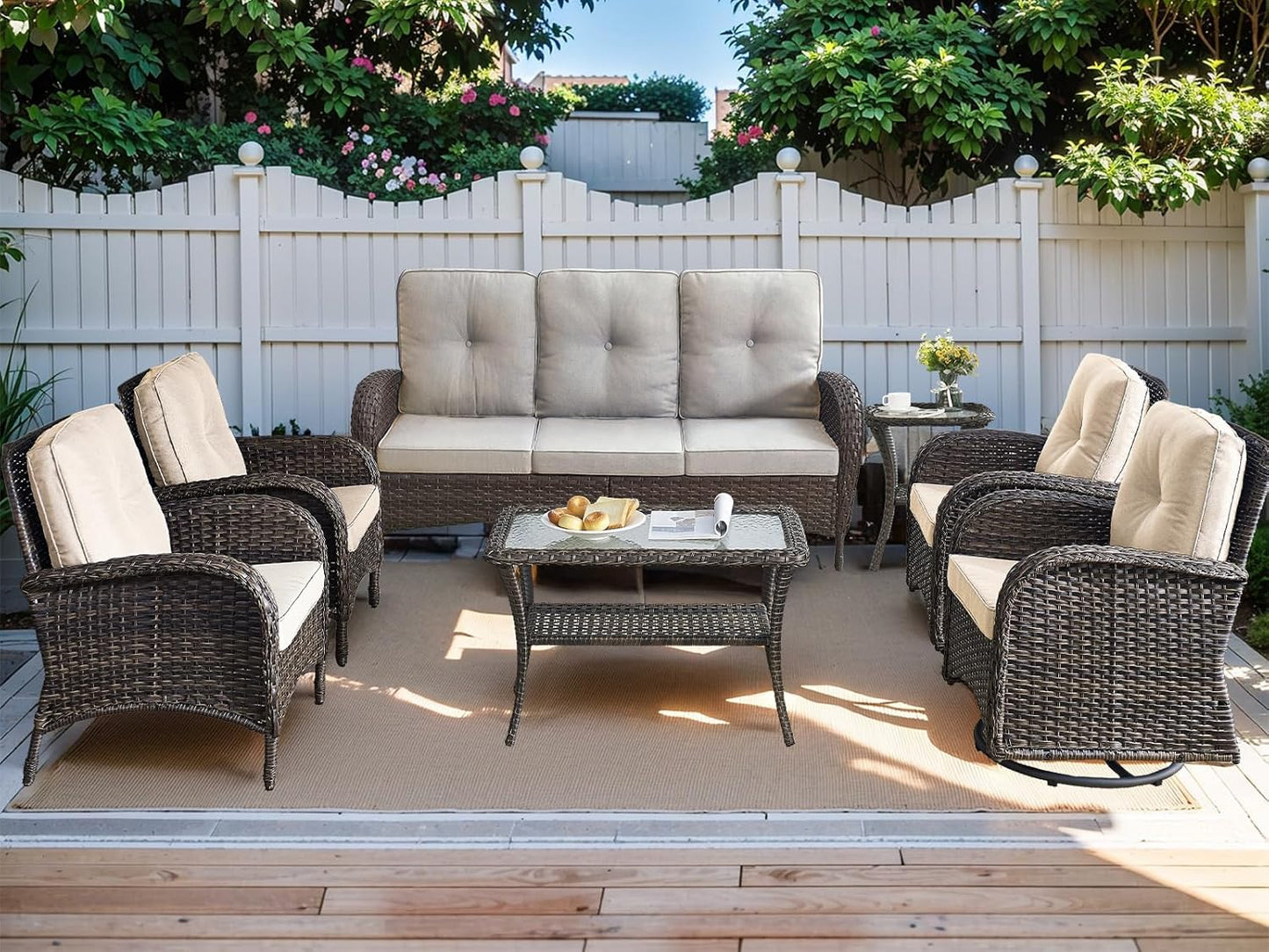 HUMMUH 7-Piece Outdoor Patio Furniture PE Wicker Patio Conversation Set,High Back Patio Couch with Coffee Tables Outdoor Chairs for Backyard,Porch,Deck