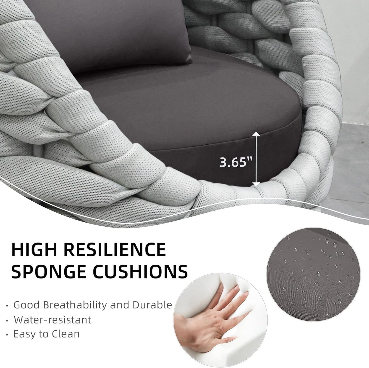 TWT 3 Pieces Aluminum Patio Furniture Set, Hand Woven Polyester Rope Modern Outdoor Furniture w/Washable Cushion and Rock Slab Tabletop, Conversation Sofa Set for Livingroom Poolside Balcony (Grey)