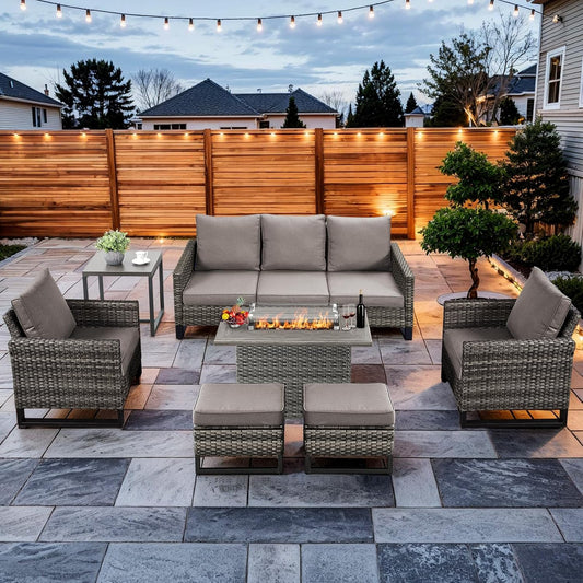 HUMMUH 7 Piece Patio Furniture Set with Fire Pit Table 41in 55,000 BTU,Wicker Outdoor Conversation Sets - Outdoor Chairs Set of 2 Patio Sofa for Porch,Garden,Backyard