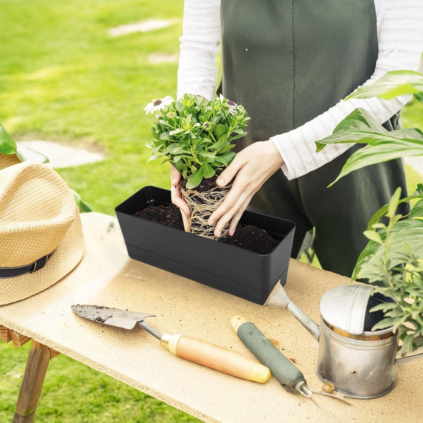 GREANER Black Rectangle Window Boxes, 3 Pack 12x3.8 Inch Herb Planters with Tray, Indoor Succulent Cactus Mint Plastic Pot for Windowsill, Garden Balcony, Office Outdoor Decoration