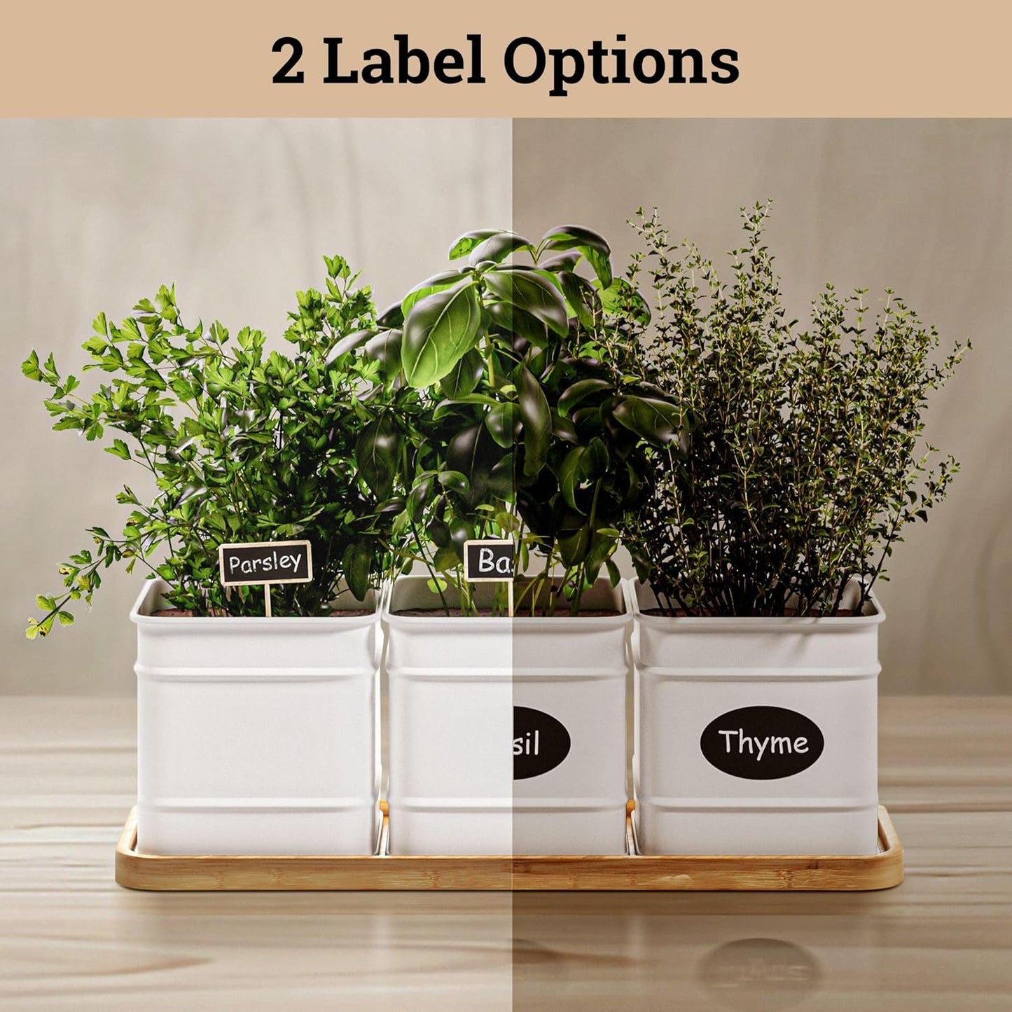 Herb Planter Indoor - 3 Iron Herb Pots with Drainage Holes, Varnished Bamboo Tray, Customizable Labels & Marker Pen - Indoor Herb Garden Planter - 3 Pots for Herbs - Inside Spice Garden - Basil Pot
