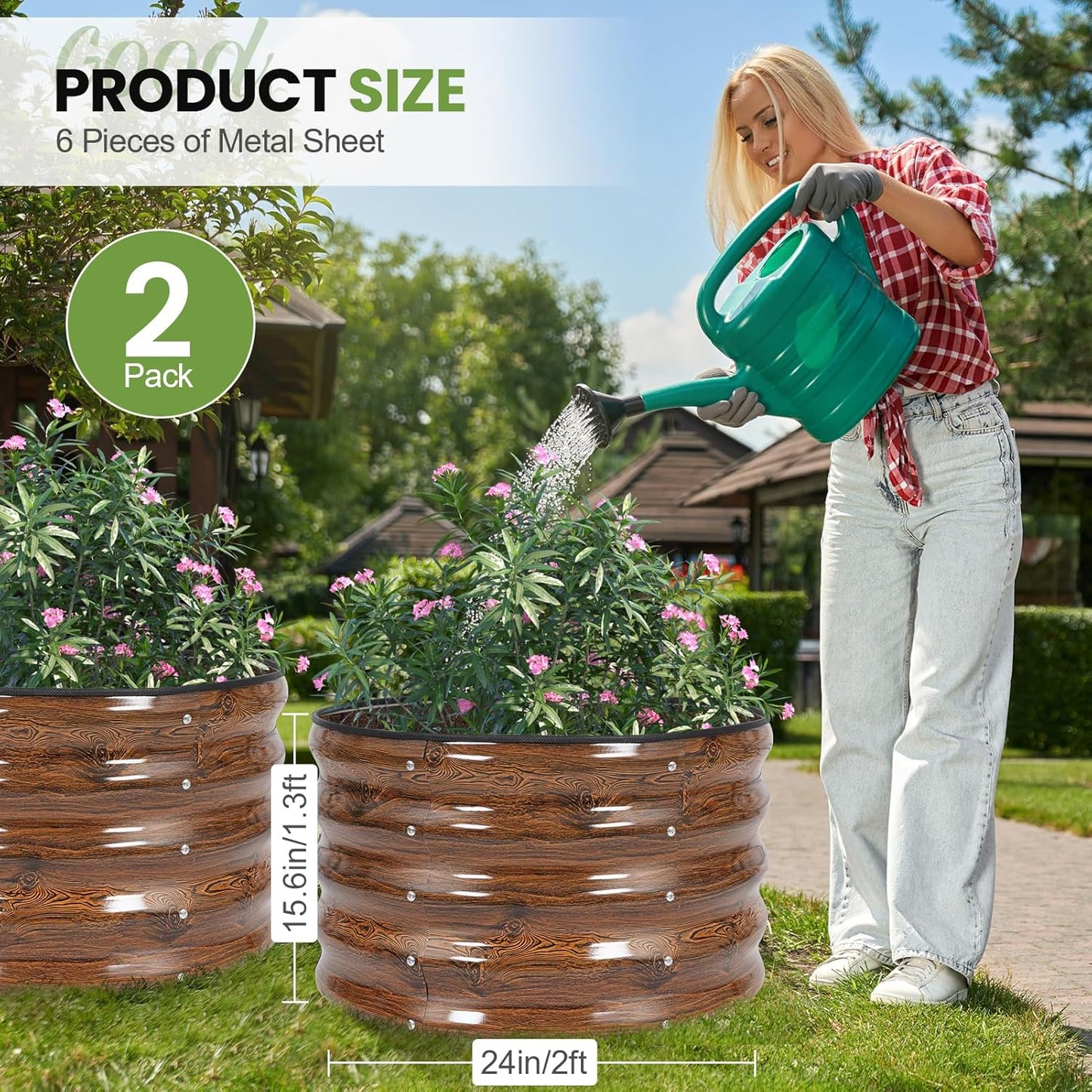 G GOOD GAIN Round Raised Garden Bed - 2Pcs 2x2x1.3ft Galvanized Steel Planter Boxes Outdoor with Rubber Edge Trim | Metal Raised Beds for Gardening Vegetables Flowers Fruits Herbs (Wood Grain)