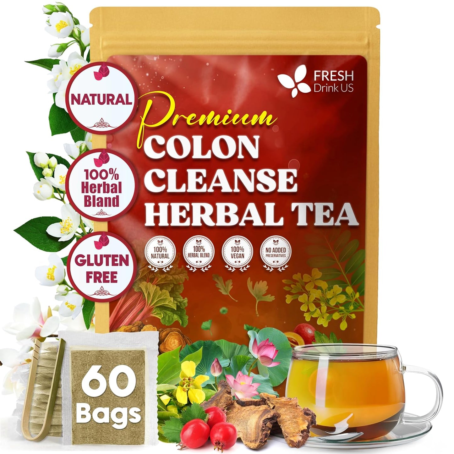 FreshDrinkUS, Premium Colon Cleanse Tea – 60 Tea Bags – Rhubarb Root & Hawthorn Berry with Senna, Lotus Leaf, Valerian Root & Psyllium Husk – Herbal Blend, Caffeine-Free. Vegan