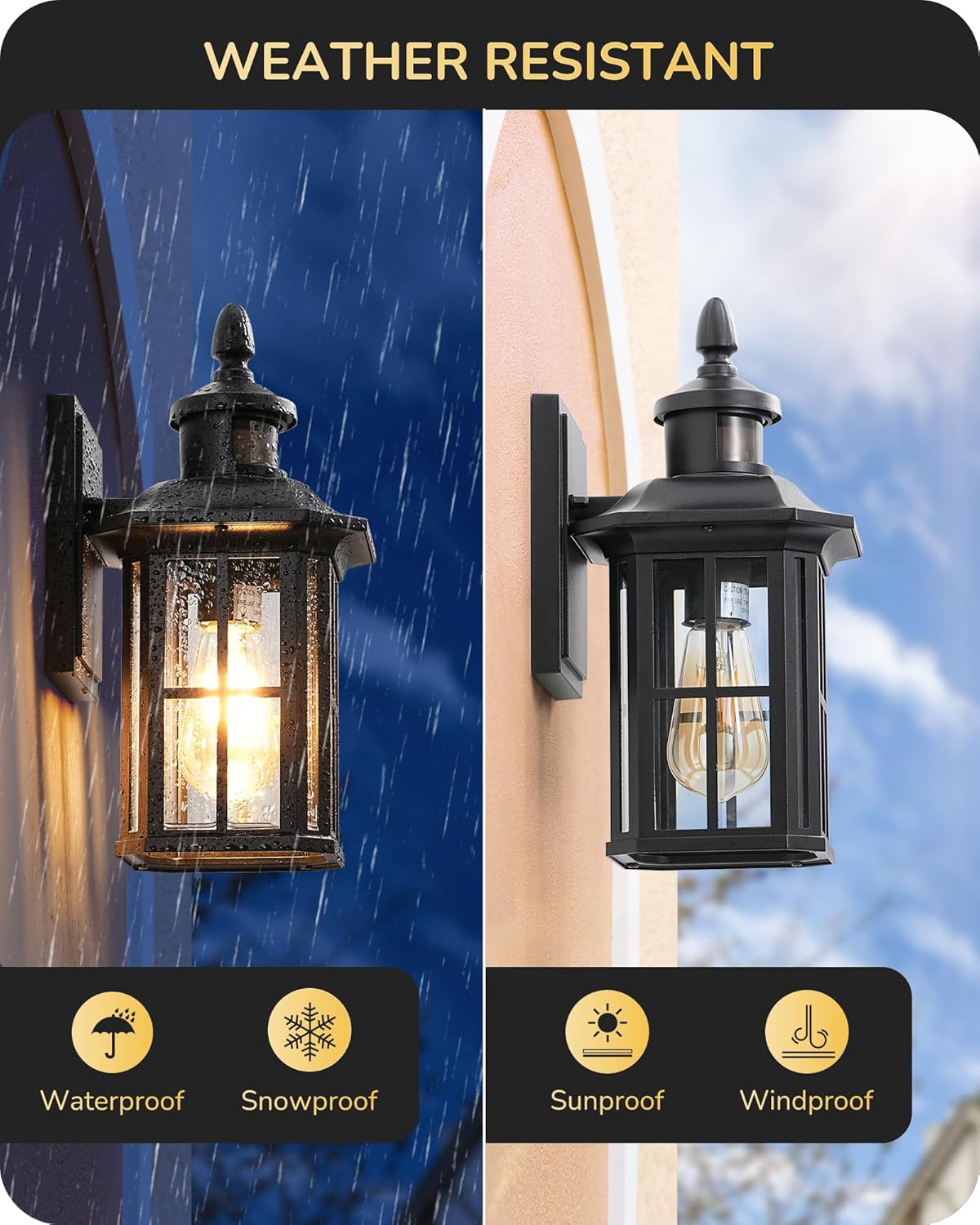 EDISHINE 2 Pack Motion Sensor Outdoor Wall Lights, Dusk to Dawn Exterior Lighting Fixture, Modern Porch Light Wall Mount, Clear Water Glass, Anti-Rust Aluminum for Front Door Garage, Patio, Black