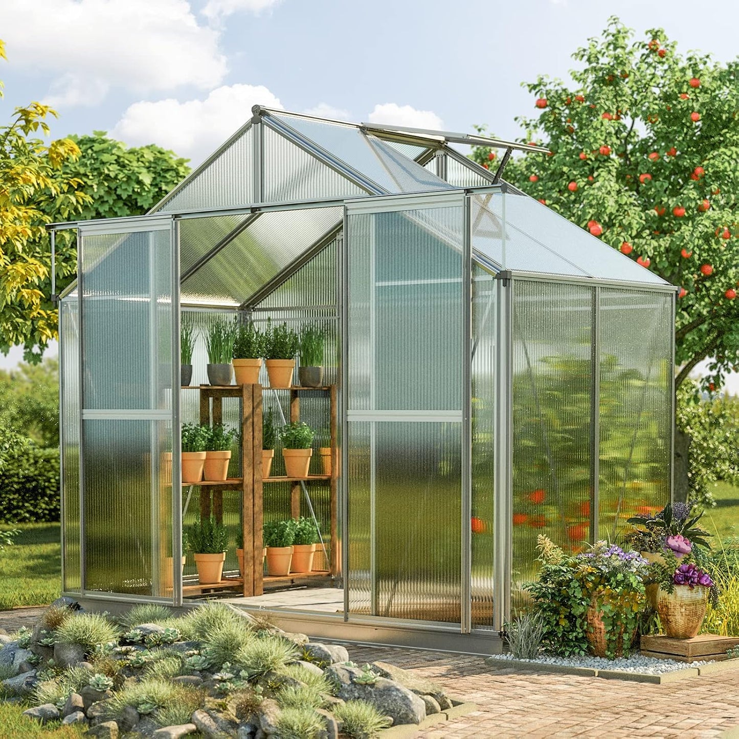 Greenhouse Topas 2 Aluminum Frame 7.4 x 4.4 ft Approx. 6 mm Polycarbonate Panels - with Bonus Base Frame and Automatic Vent Opener