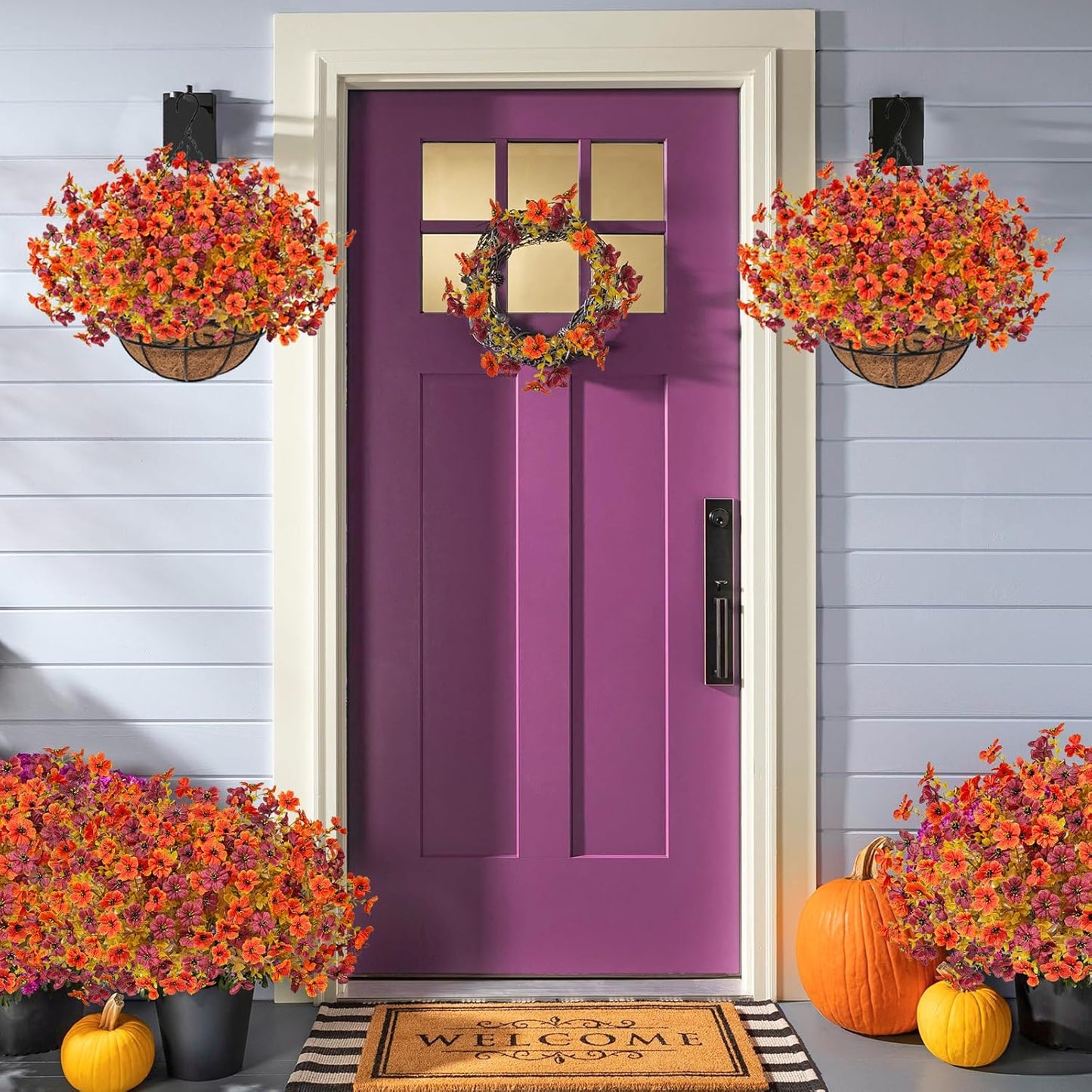 Fall Artfiticial Hanging Flowers Baskets for Outdoors, UV Resistant Fake Fall Hanging Plants, Faux Orange Flowers for Autumn Home Patio Garden Front Porch Balcony Decor (Orange Red)