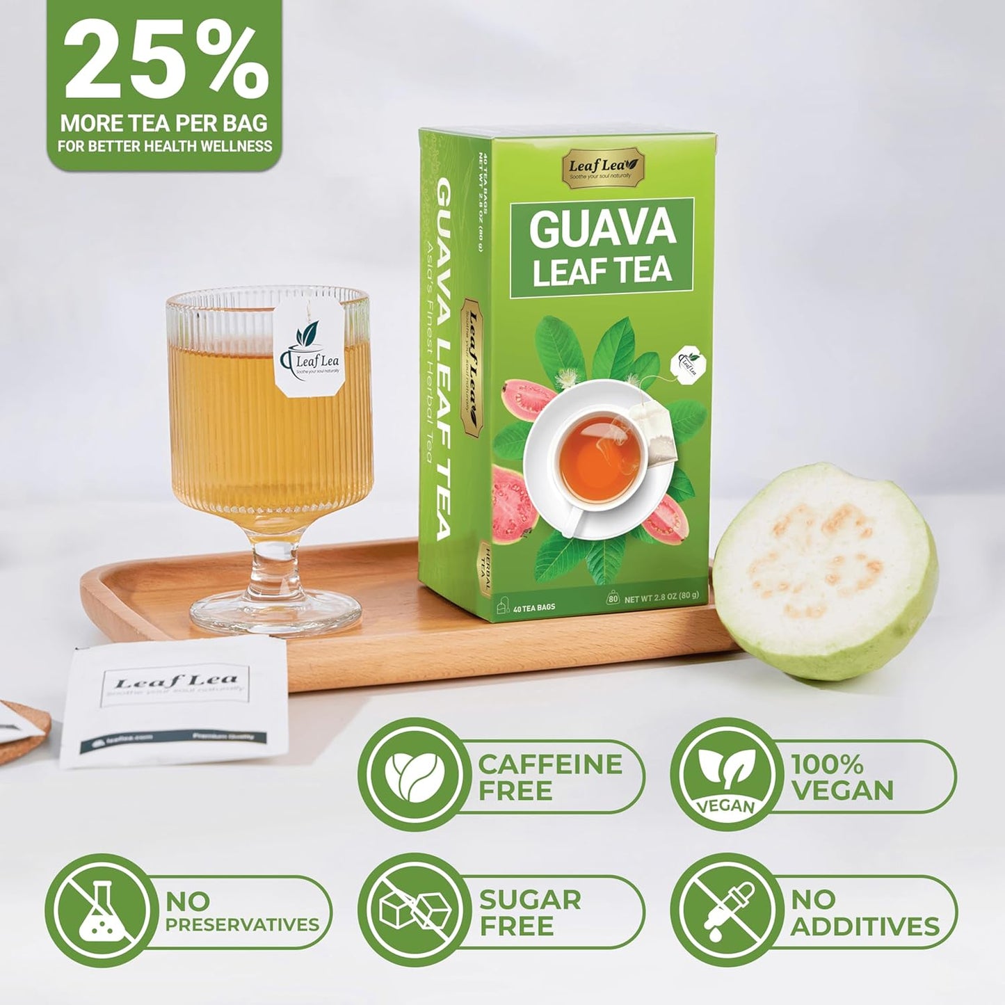 LeafLea Guava Leaf Tea, 80 Fresh-Sealed Tea Bags, Herbal Tea Made from Natural Guava Leaves (Hojas de Guayaba), Digestive Support & Immune Balance, Caffeine-Free, Sugar-Free, Pack of 2