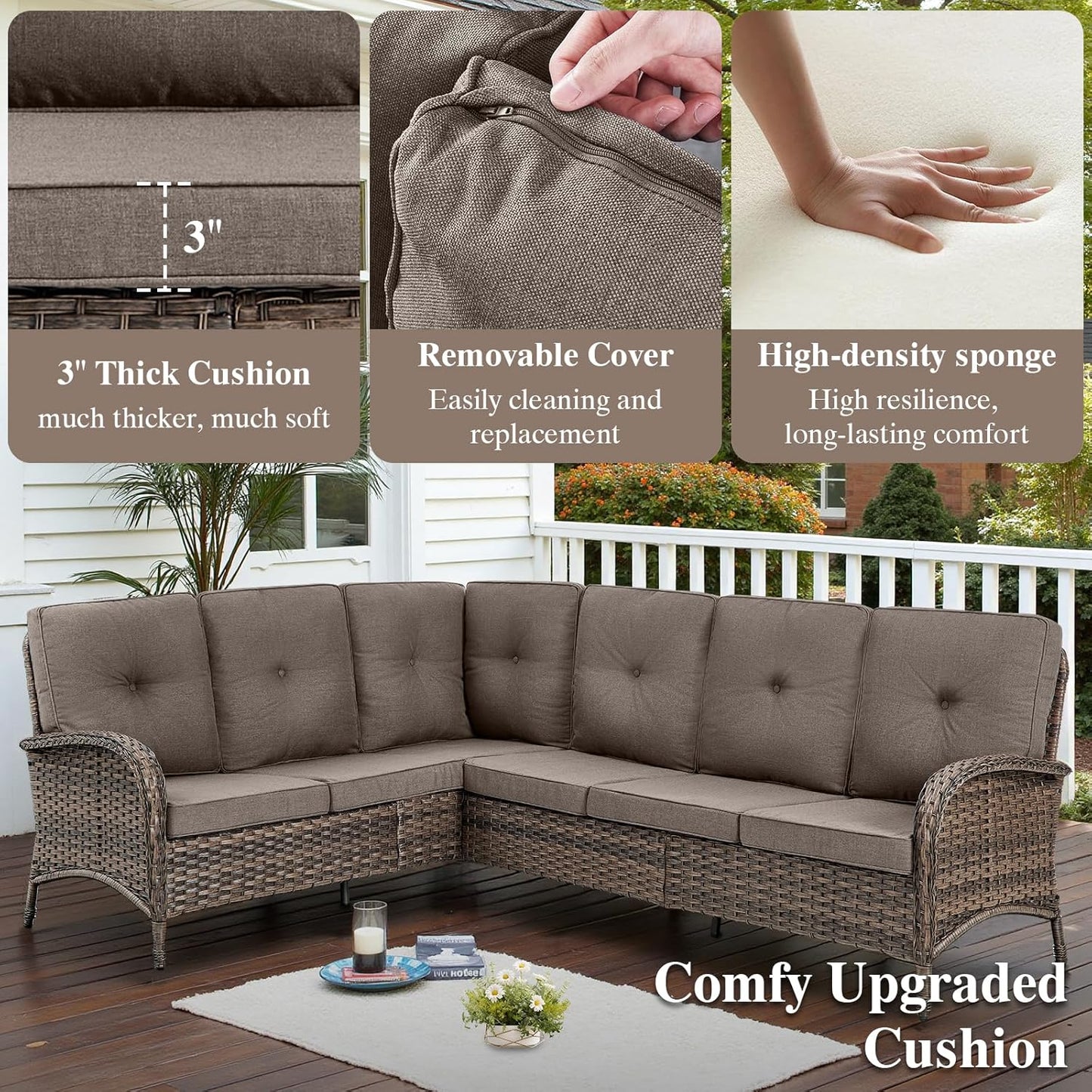 HUMMUH Outdoor Patio Furniture Set,L-Shaped Sectional Couches with Swivel Patio Chairs,Wicker Conversation Set for Deck,Backyard,Porch,Garden