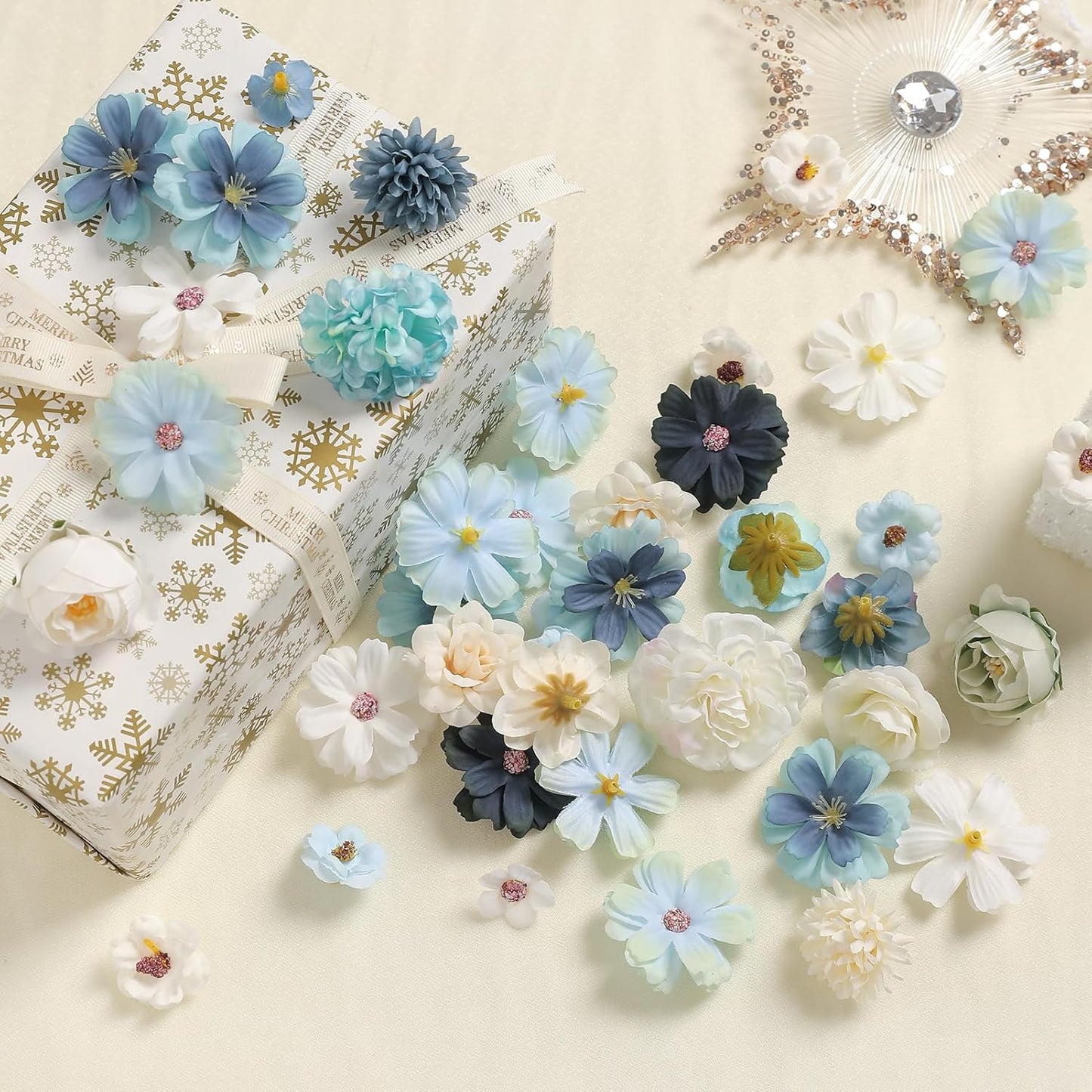 Faux Flower Heads Mini Blue White Artificial Flower Heads Fake Peony Daisy Rose Flowers Multicolor Small Silk Daisy Flower Heads for Craft Garland Wedding Party DIY Home Decoration,2-4 cm