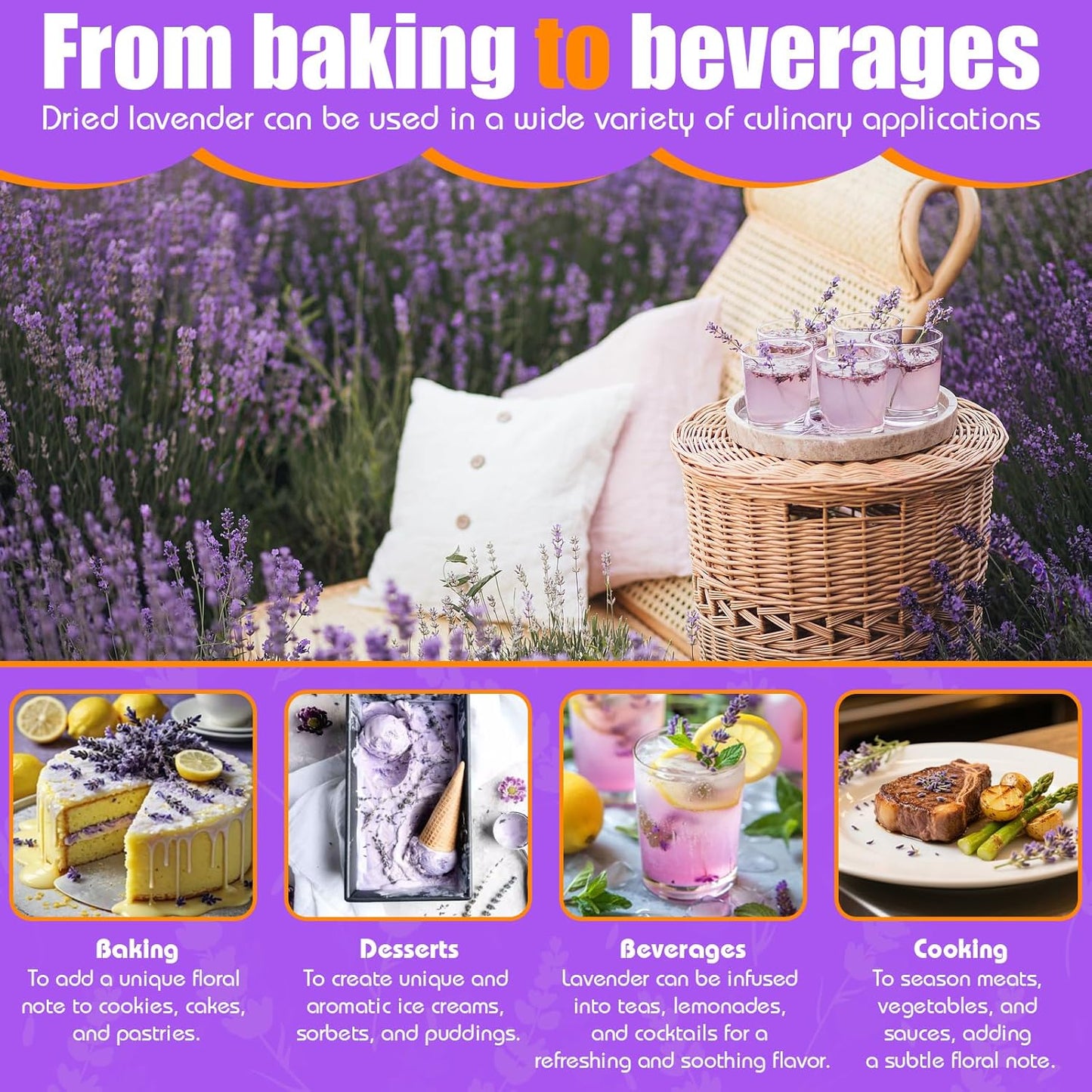 Dried Culinary Lavender Flowers - Food Grade Lavender Buds for Tea, Baking, Potpourri, Home Fragrance & Sachets, Edible Flowers - Gluten Free (16 oz)