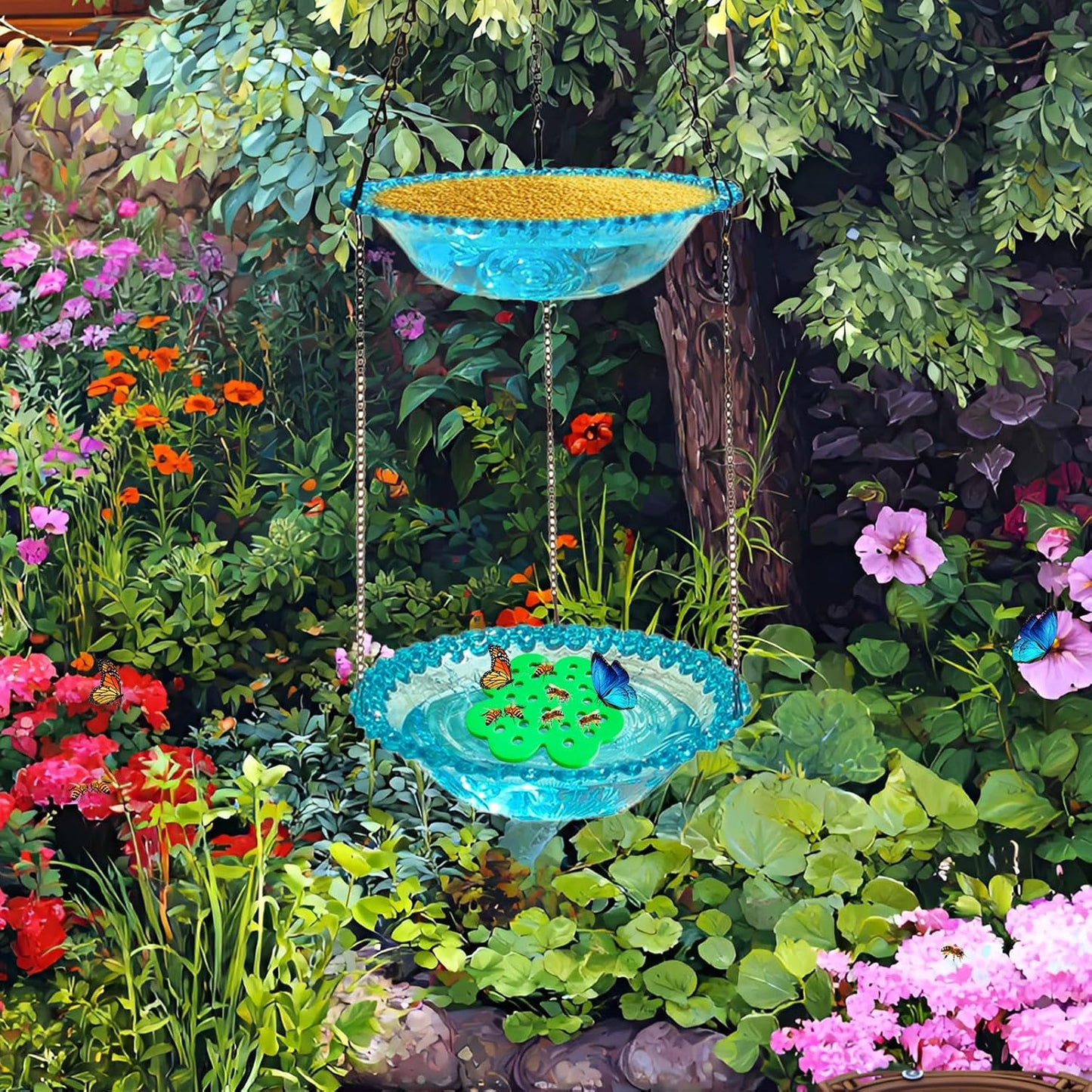 Bee Watering Station 8 Pcs for Garden, Butterfly Feeder with Bee Water, 4 Colors (Yellow/Green/Purple/Blue), 3X Faster Attraction Petal Texture, Zero-Drowning EVA Foam Hive Landing Safe