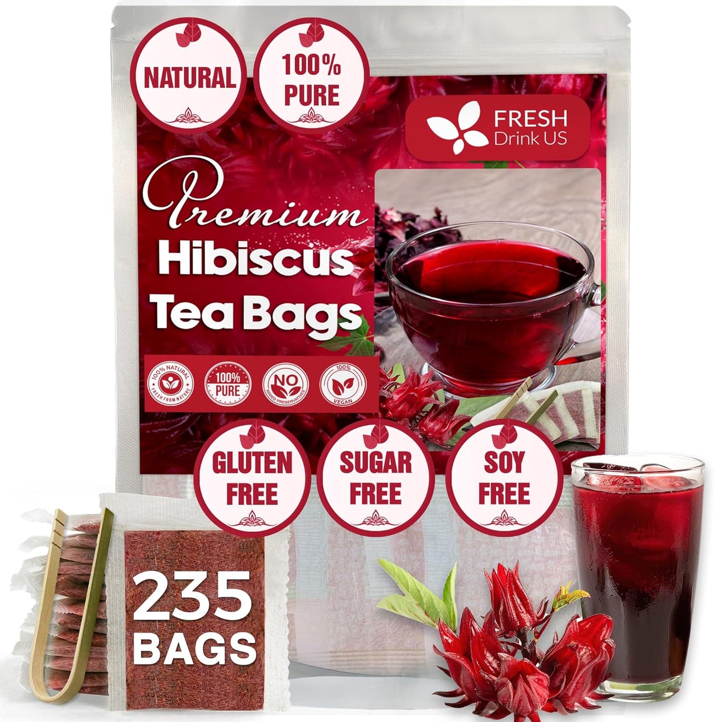 FreshDrinkUS, Premium 235 Hibiscus Flowers Tea Bags, 100% Natural, Pure from Hibiscus Flowers. Loose Flower Hibiscus Herbal Tea. Hibiscus Flower Tea. No Sugar, No Caffeine, No Gluten, Vegan.