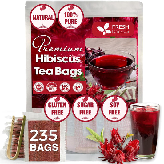 FreshDrinkUS, Premium 235 Hibiscus Flowers Tea Bags, 100% Natural, Pure from Hibiscus Flowers. Loose Flower Hibiscus Herbal Tea. Hibiscus Flower Tea. No Sugar, No Caffeine, No Gluten, Vegan.