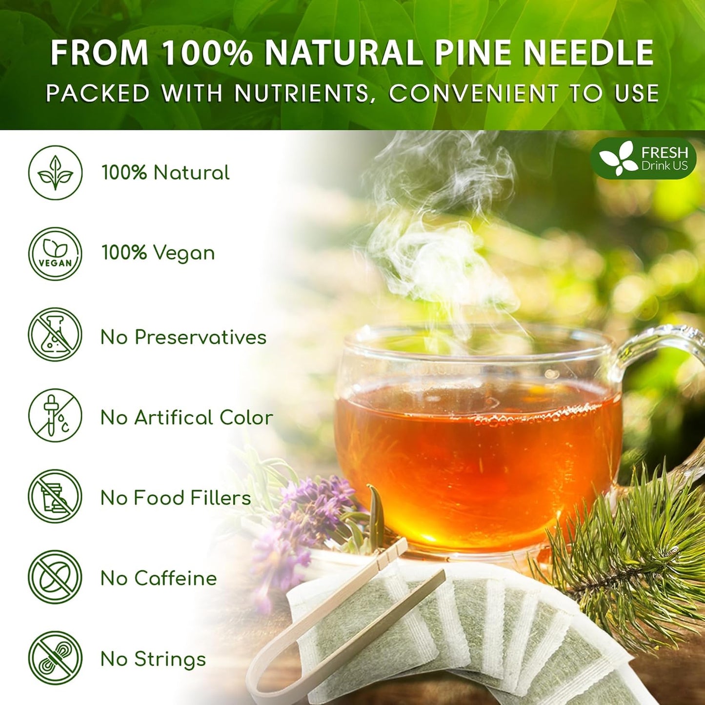 FreshDrinkUS, Pine Needle Tea Bags – 75 Tea Bags, Naturally Caffeine-Free, Refreshing Herbal Tea, Wild-Harvested Pine Leaves, Aromatic and Soothing – Non-GMO & Eco-Friendly Packaging