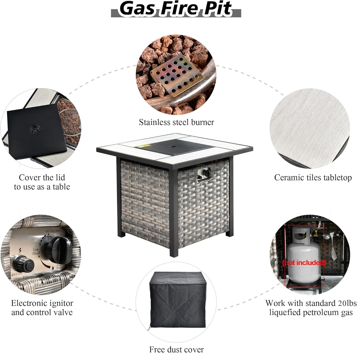 HOOOWOOO 10 Piece Modular Patio Outdoor Sectional Furniture Set with Gas Propane Fire Pit Table,Wicker Conversation Sofa Set with Swivel Chairs,Outside Couch Set(Dark Grey)